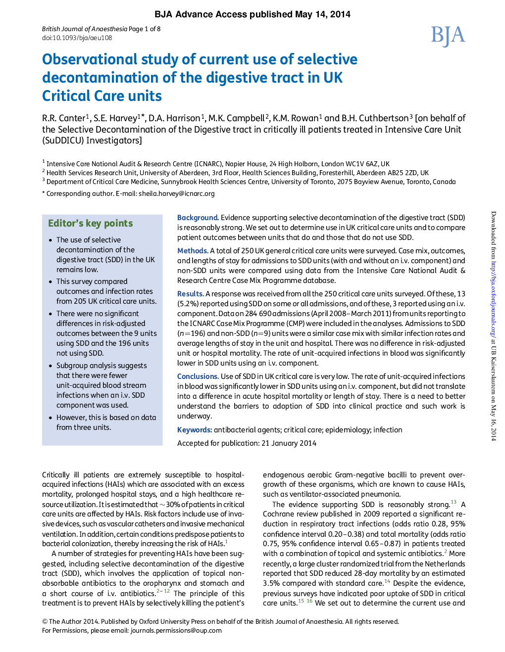 Observational study of current use of selective decontamination of the digestive tract in UK Critical Care units