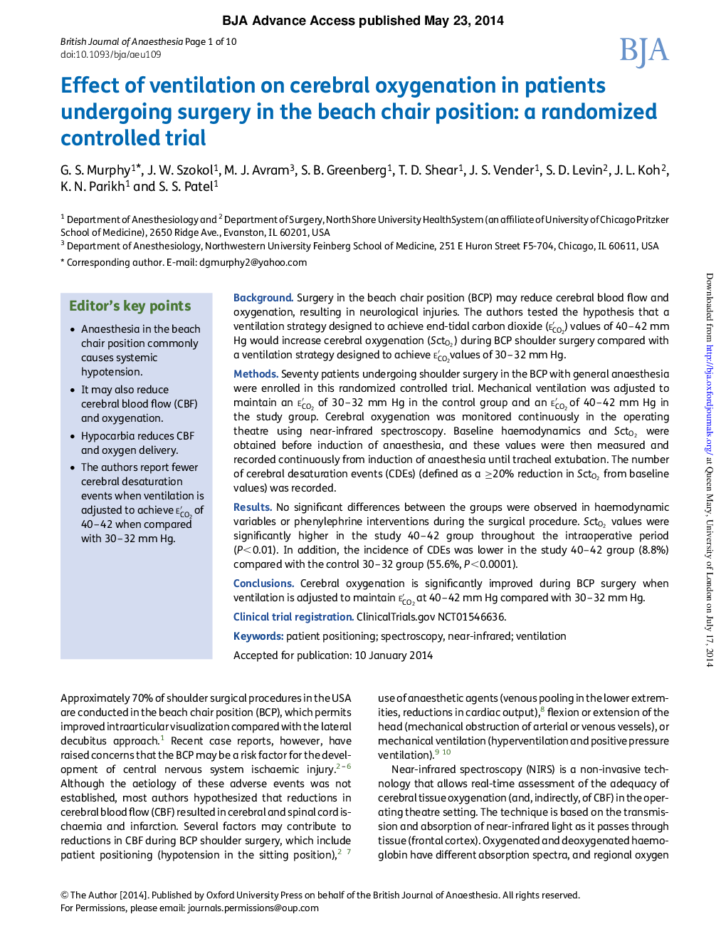 Effect of ventilation on cerebral oxygenation in patients undergoing surgery in the beach chair position: a randomized controlled trial