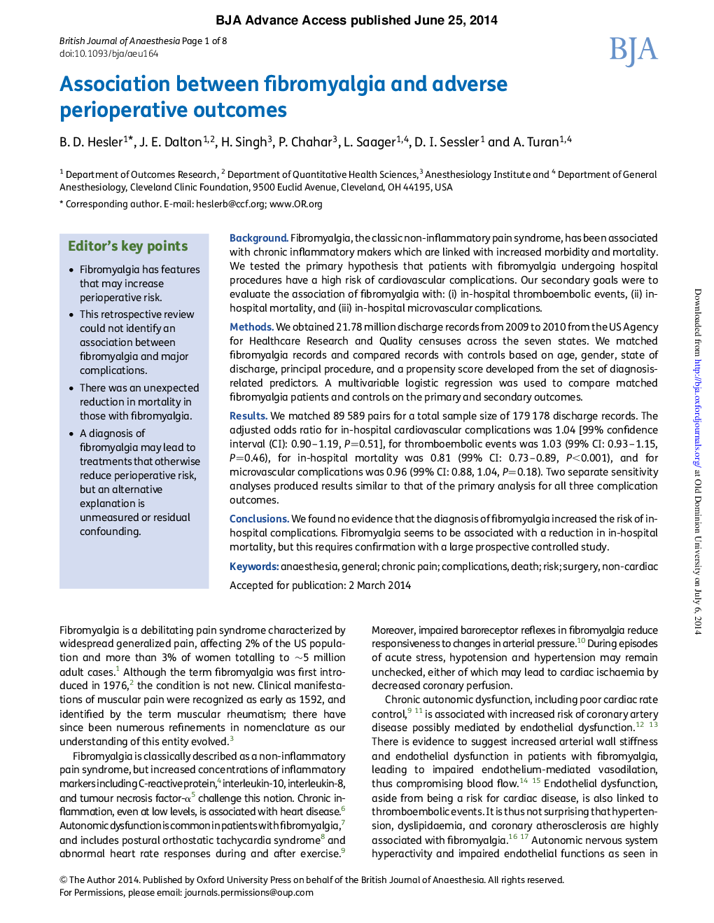 Association between fibromyalgia and adverse perioperative outcomes