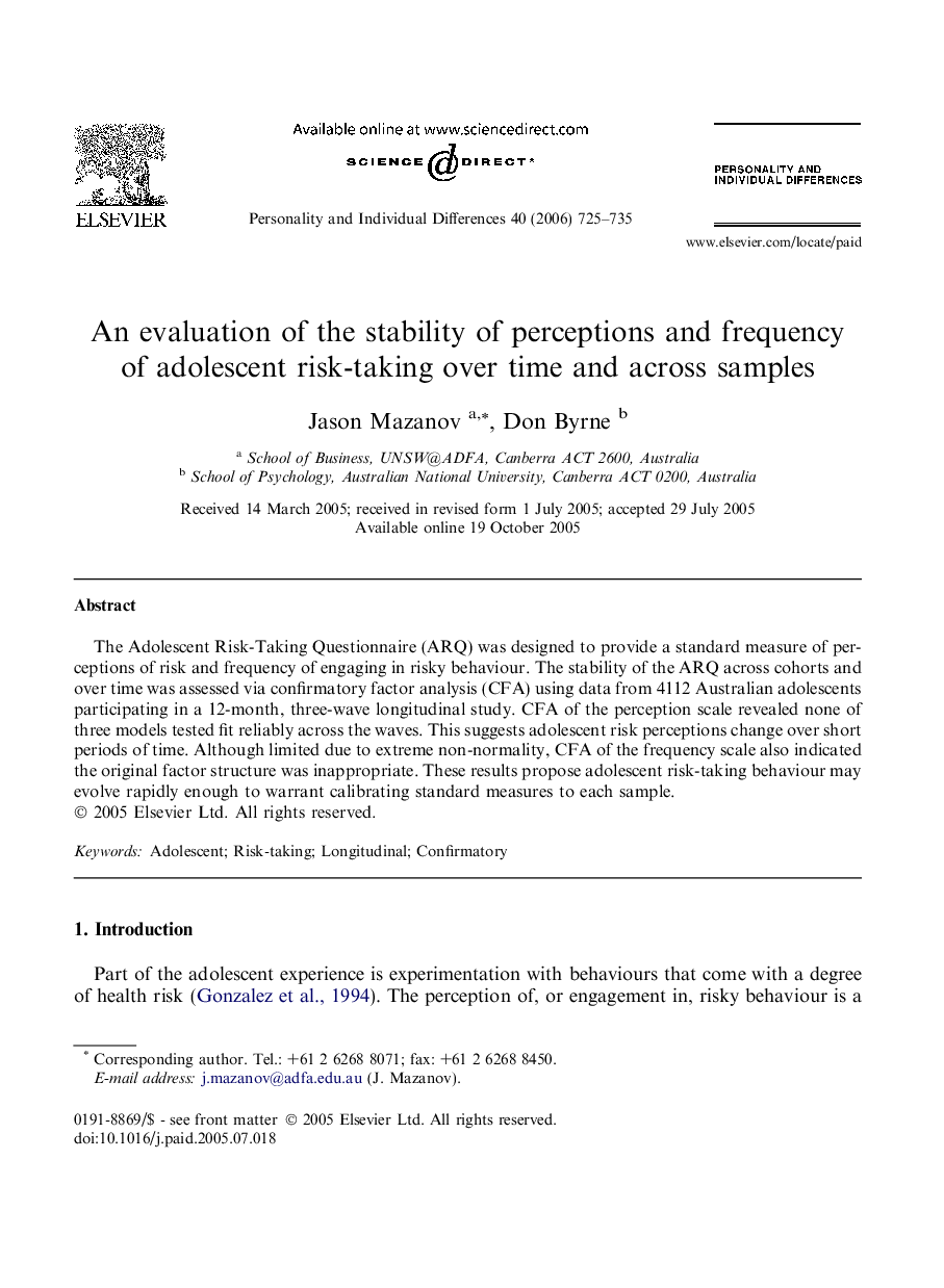 An evaluation of the stability of perceptions and frequency of adolescent risk-taking over time and across samples