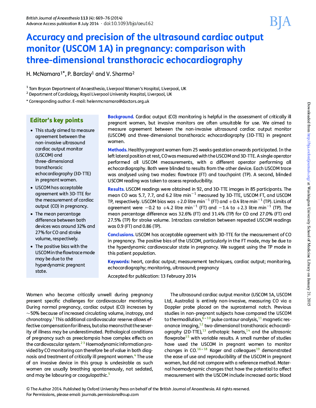 Accuracy and precision of the ultrasound cardiac output monitor (USCOM 1A) in pregnancy: comparison with three-dimensional transthoracic echocardiography