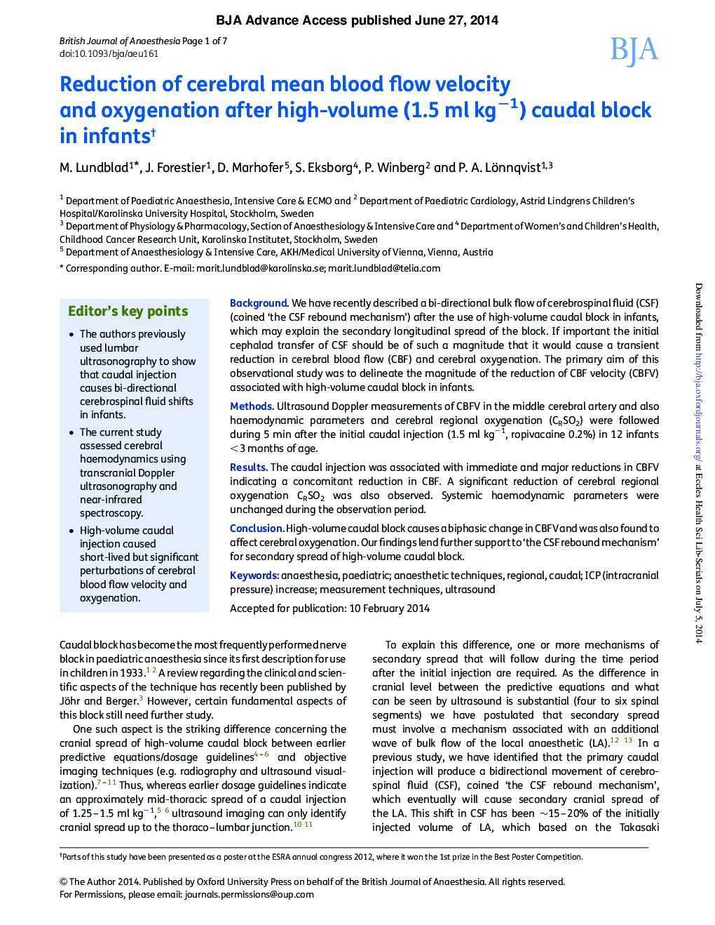 عکس صفحه اول مقاله: Reduction of cerebral mean blood flow velocity and oxygenation after high-volume (1.5 ml kgâ1) caudal block in infantsâ Reduction of cerebral mean blood flow velocity and oxygenation after high-volume (1.5 ml kgâ1) caudal block in infantsâ