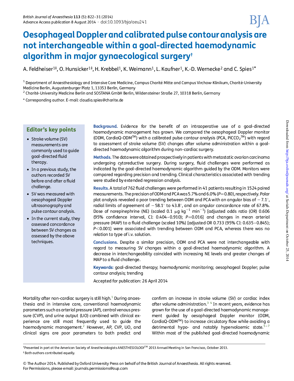 Oesophageal Doppler and calibrated pulse contour analysis are not interchangeable within a goal-directed haemodynamic algorithm in major gynaecological surgeryâ 