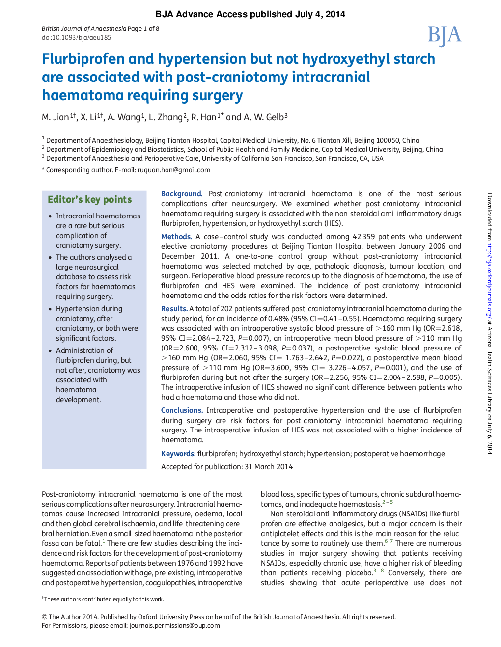 Flurbiprofen and hypertension but not hydroxyethyl starch are associated with post-craniotomy intracranial haematoma requiring surgery