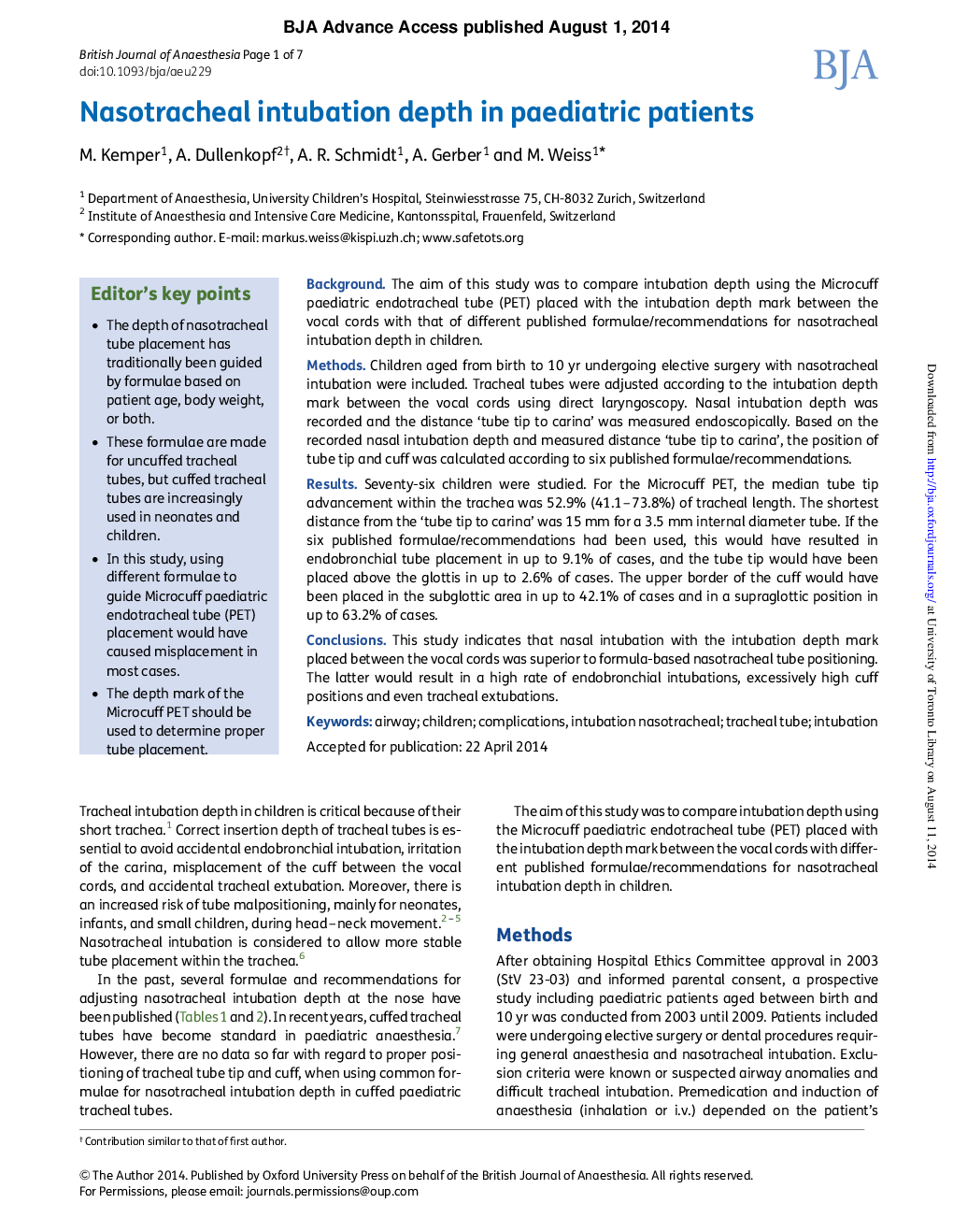 Nasotracheal intubation depth in paediatric patients