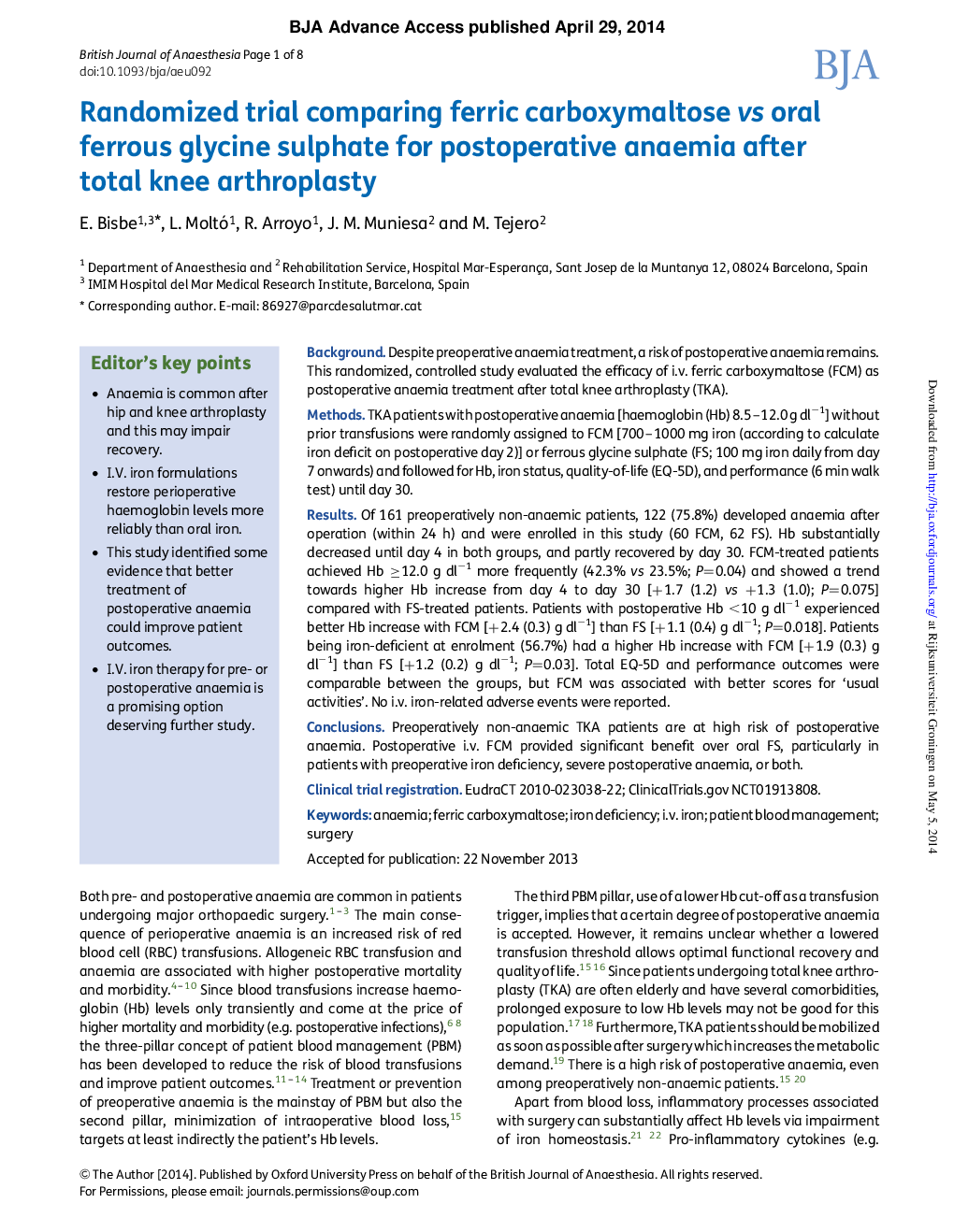 Randomized trial comparing ferric carboxymaltose vs oral ferrous glycine sulphate for postoperative anaemia after total knee arthroplasty