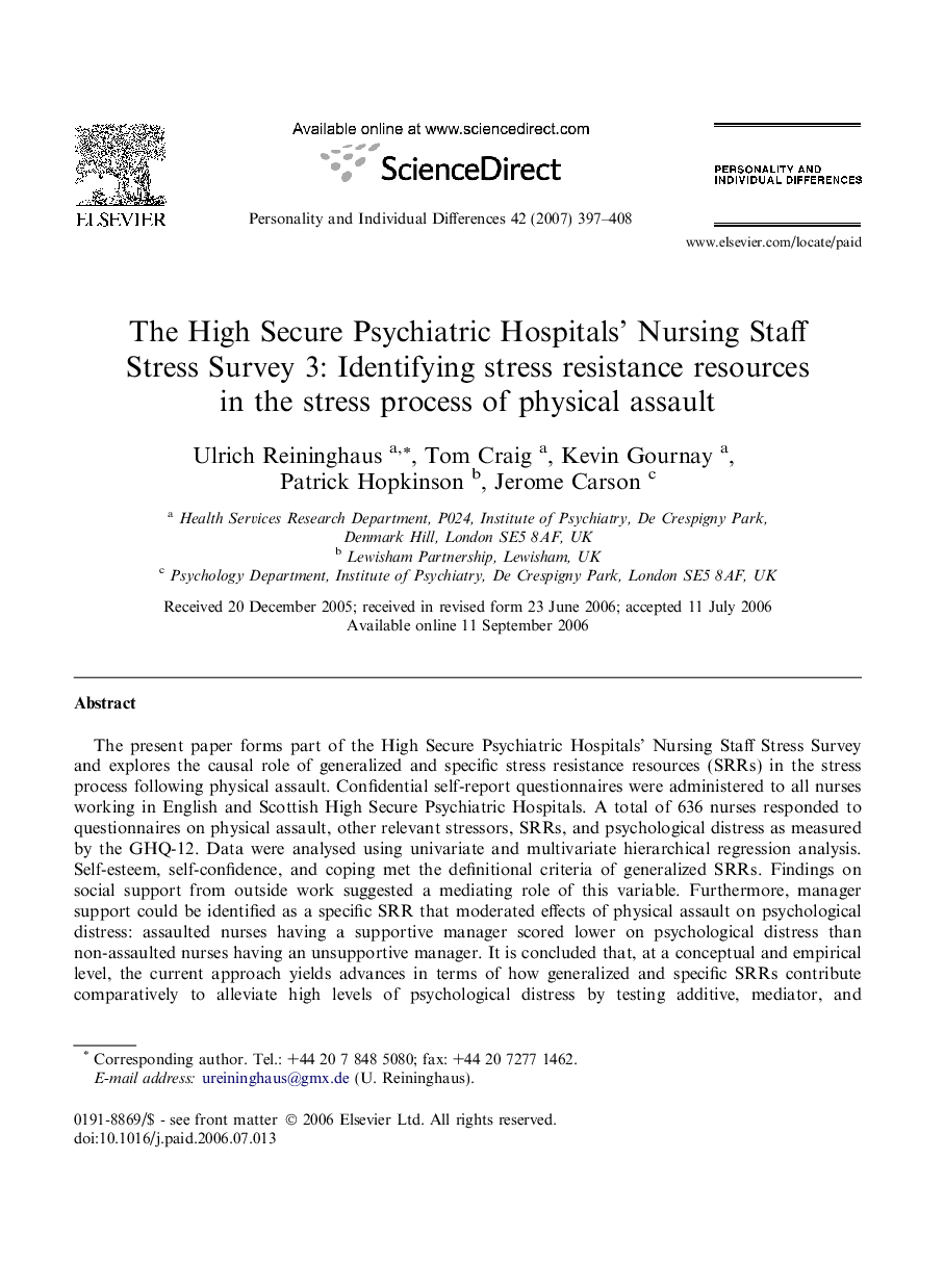 The High Secure Psychiatric Hospitals’ Nursing Staff Stress Survey 3: Identifying stress resistance resources in the stress process of physical assault