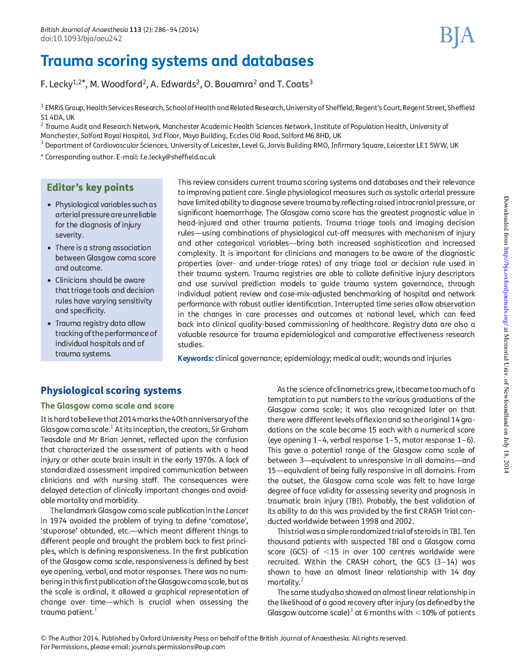 Trauma scoring systems and databases