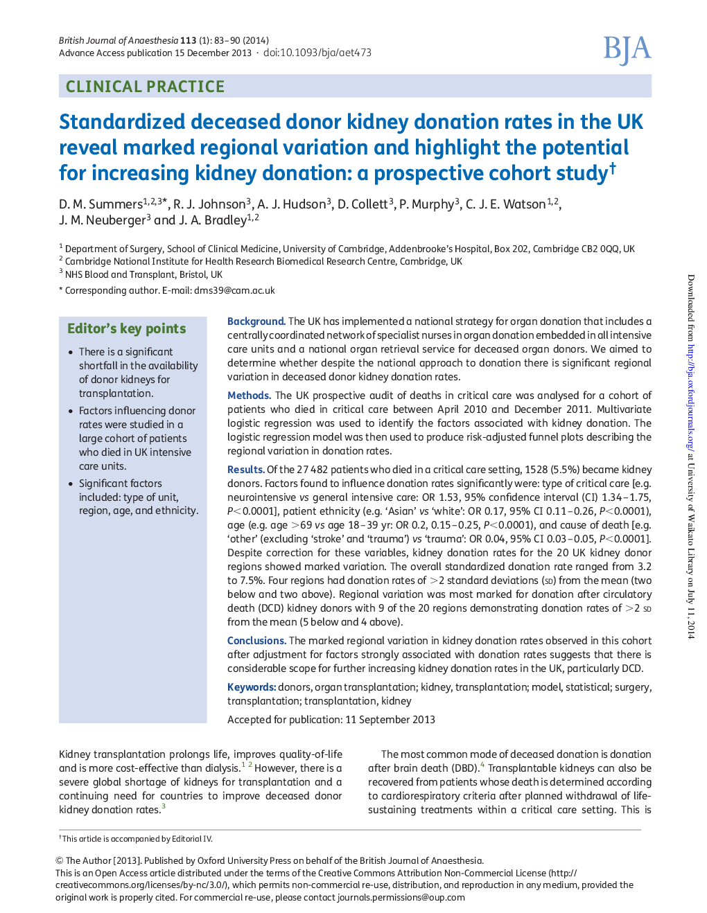 Standardized deceased donor kidney donation rates in the UK reveal marked regional variation and highlight the potential for increasing kidney donation: a prospective cohort studyâ 