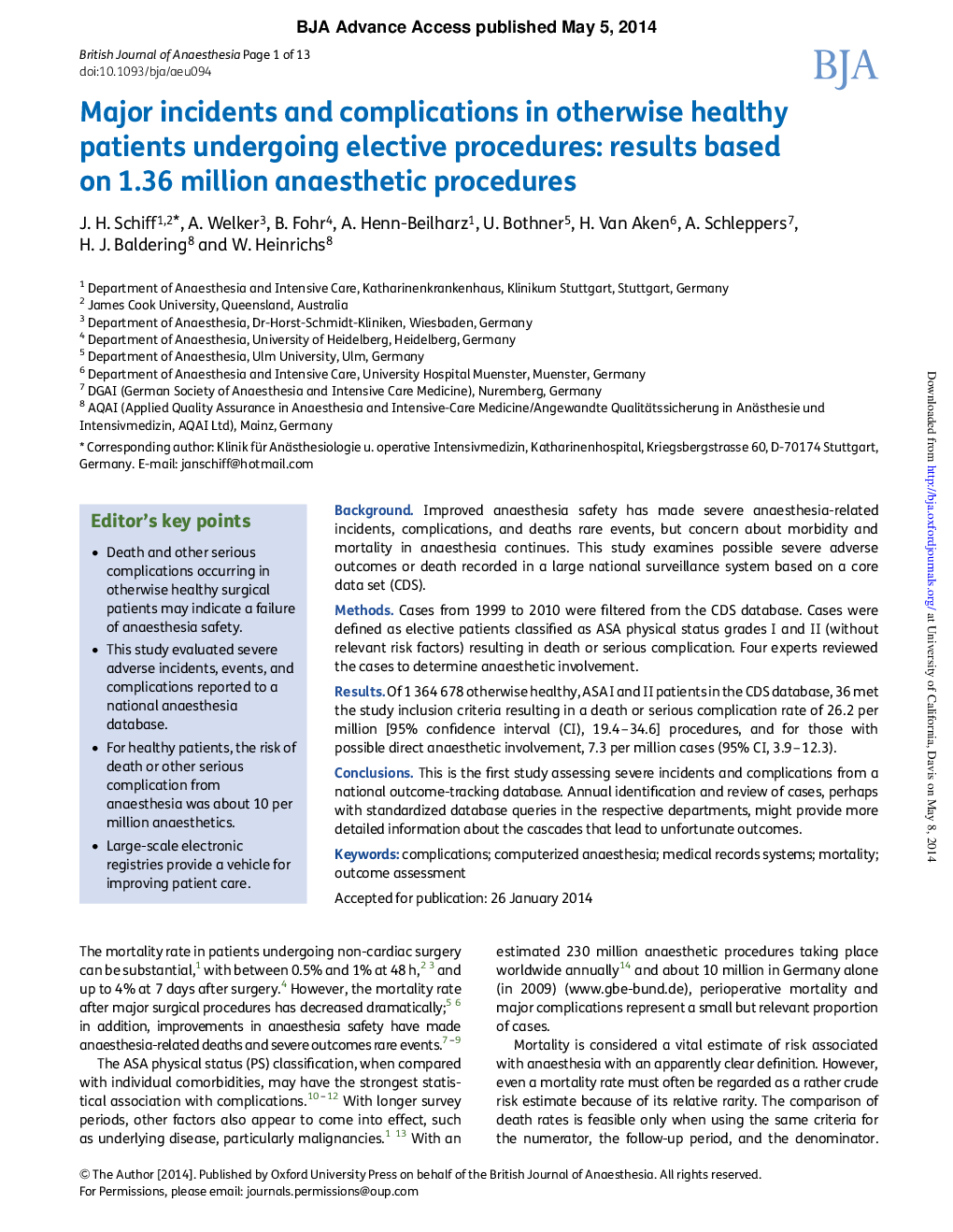 Major incidents and complications in otherwise healthy patients undergoing elective procedures: results based on 1.37 million anaesthetic procedures