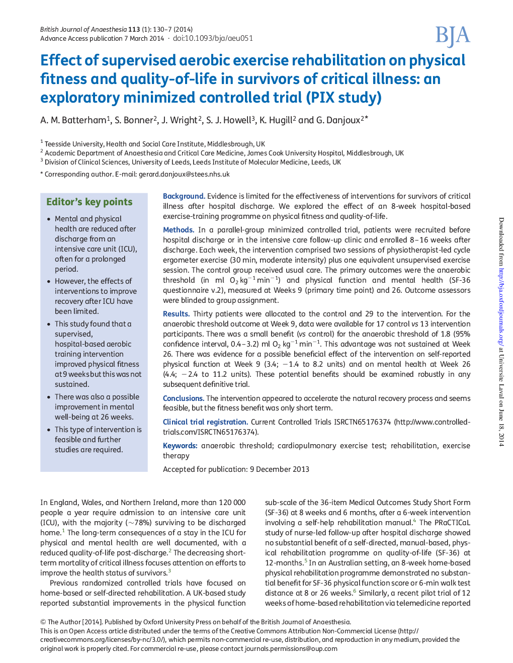 Effect of supervised aerobic exercise rehabilitation on physical fitness and quality-of-life in survivors of critical illness: an exploratory minimized controlled trial (PIX study)