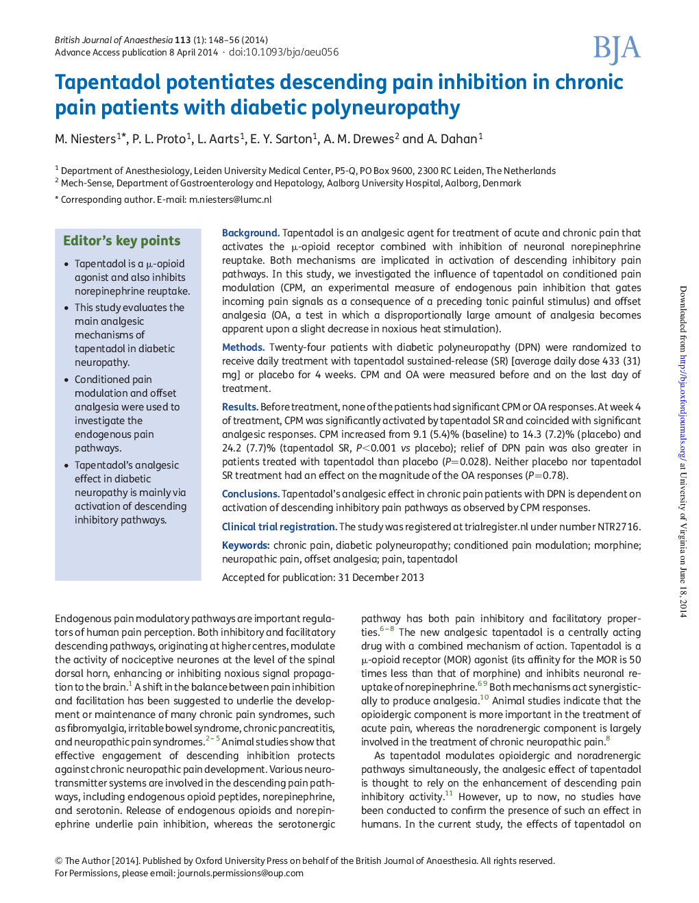 Tapentadol potentiates descending pain inhibition in chronic pain patients with diabetic polyneuropathy