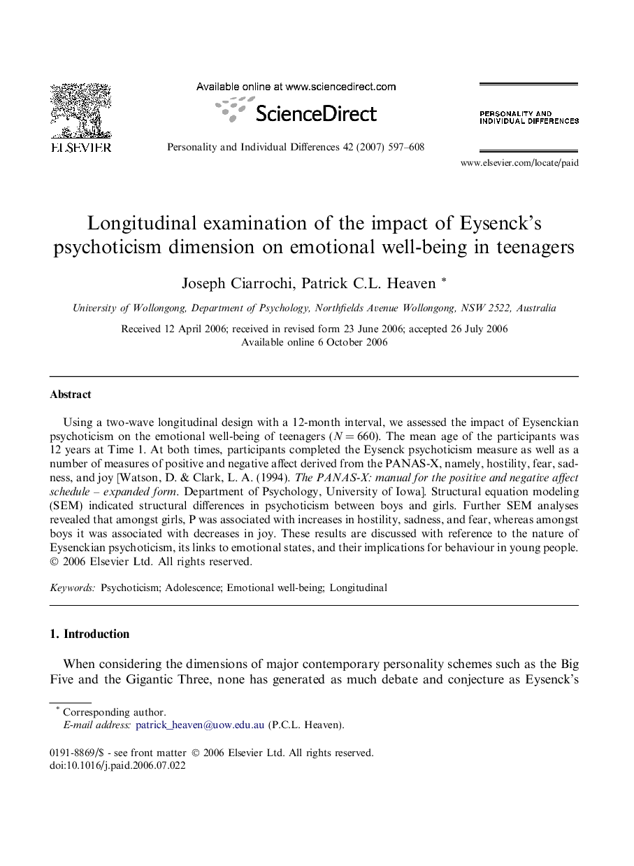 Longitudinal examination of the impact of Eysenck’s psychoticism dimension on emotional well-being in teenagers