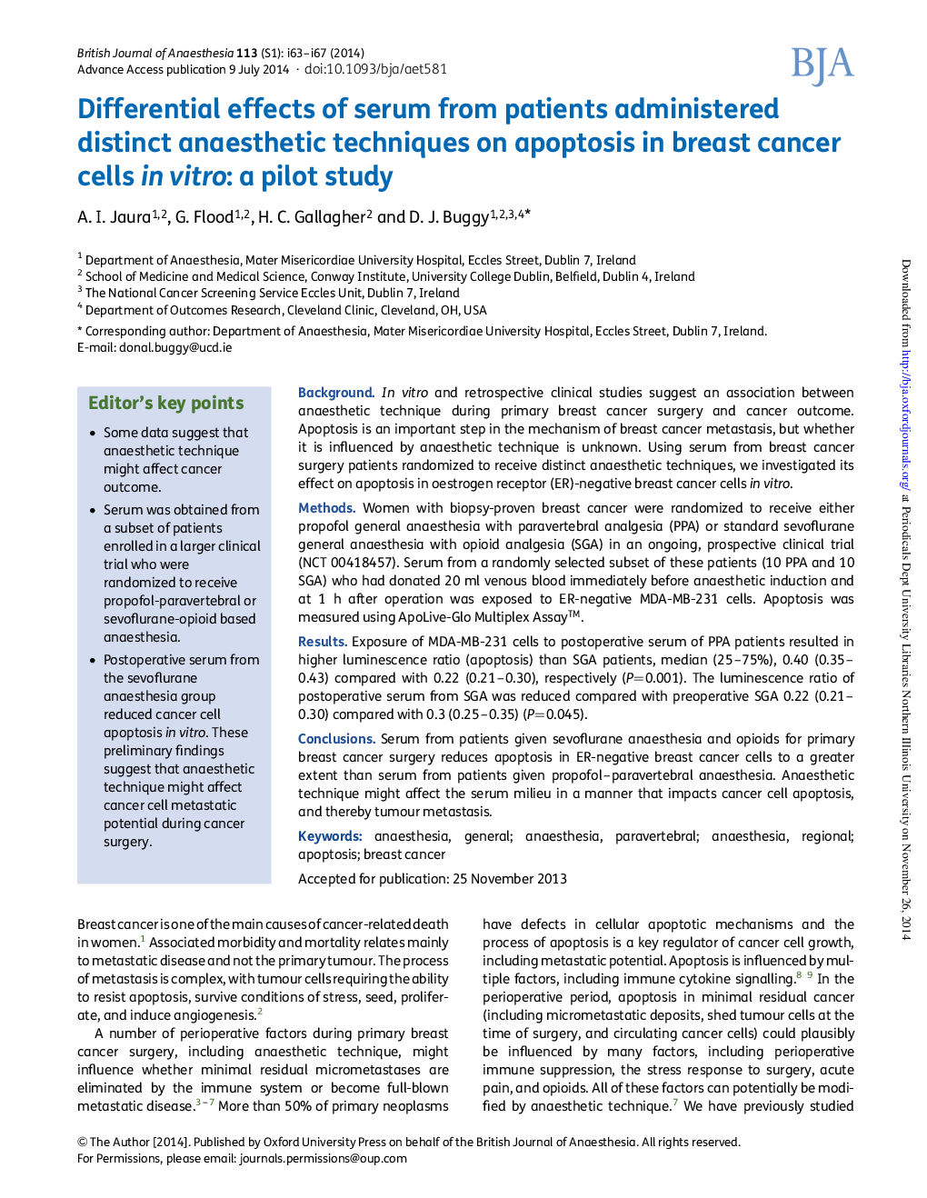 اثرات افتراق سرم از بیماران به روش های بیهوشی متمایز بر آپوپتوز در سلول های سرطانی پستان در آزمایشگاهی: یک مطالعه آزمایشی 