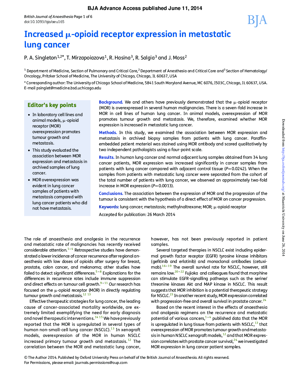 Increased Î¼-opioid receptor expression in metastatic lung cancer