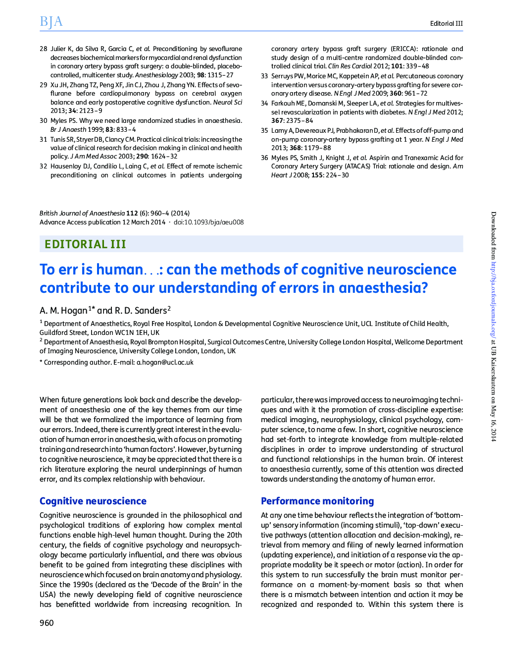 عکس صفحه اول مقاله: III. To err is humanâ¦: can the methods of cognitive neuroscience contribute to our understanding of errors in anaesthesia? III. To err is humanâ¦: can the methods of cognitive neuroscience contribute to our understanding of errors in anaesthesia?