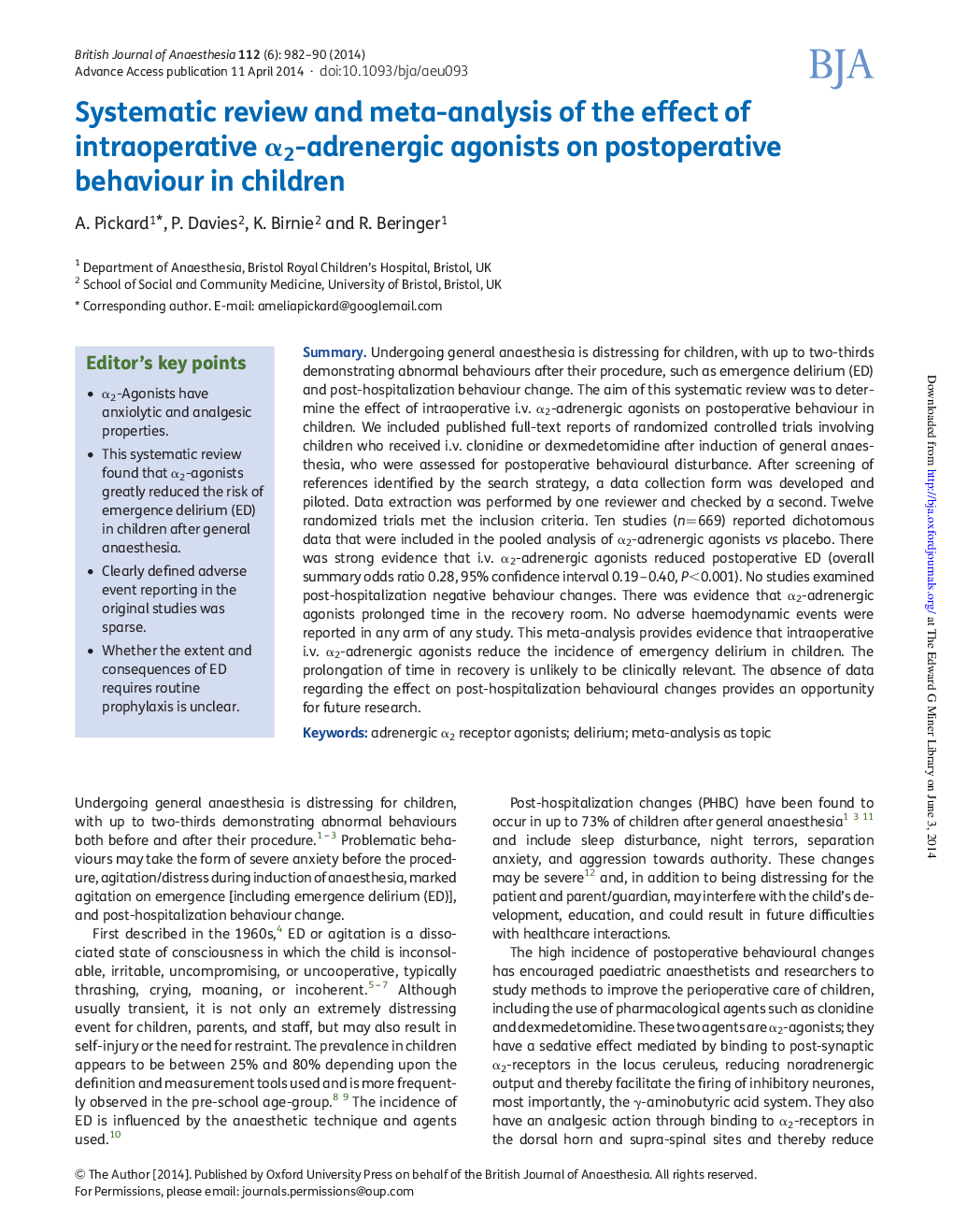 Systematic review and meta-analysis of the effect of intraoperative Î±2-adrenergic agonists on postoperative behaviour in children