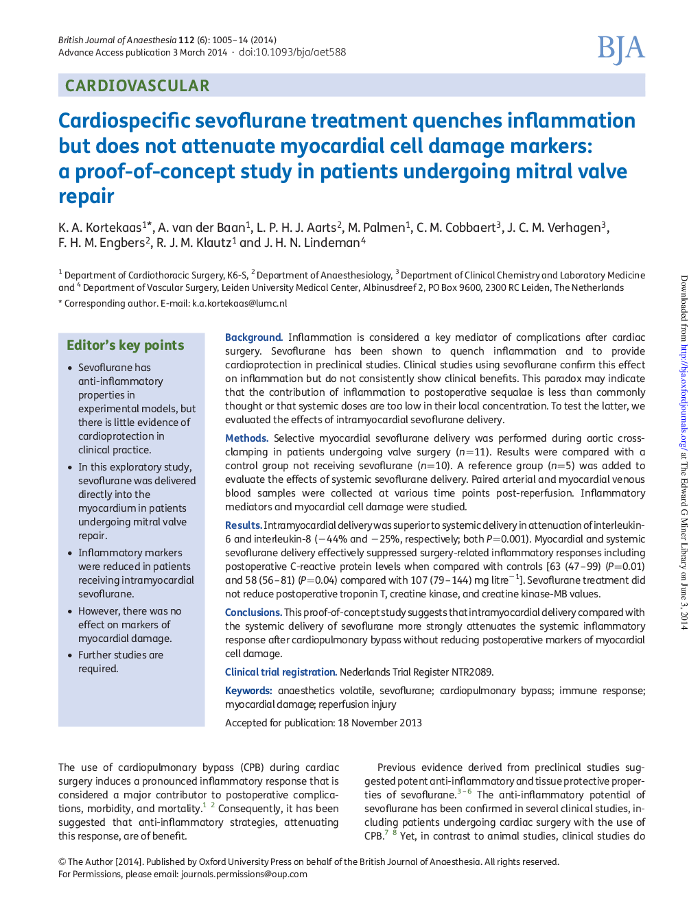 Cardiospecific sevoflurane treatment quenches inflammation but does not attenuate myocardial cell damage markers: a proof-of-concept study in patients undergoing mitral valve repair