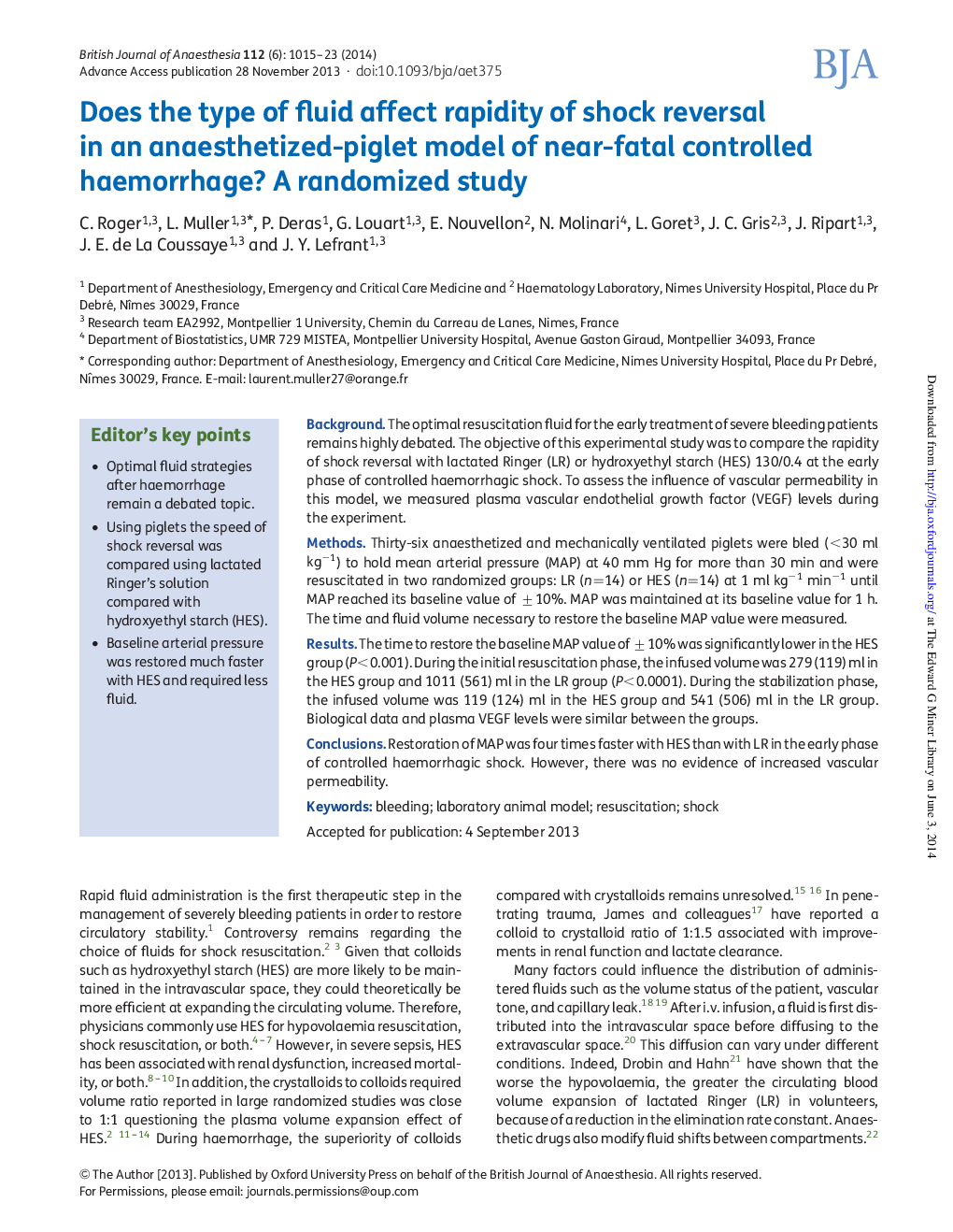 Does the type of fluid affect rapidity of shock reversal in an anaesthetized-piglet model of near-fatal controlled haemorrhage? A randomized study