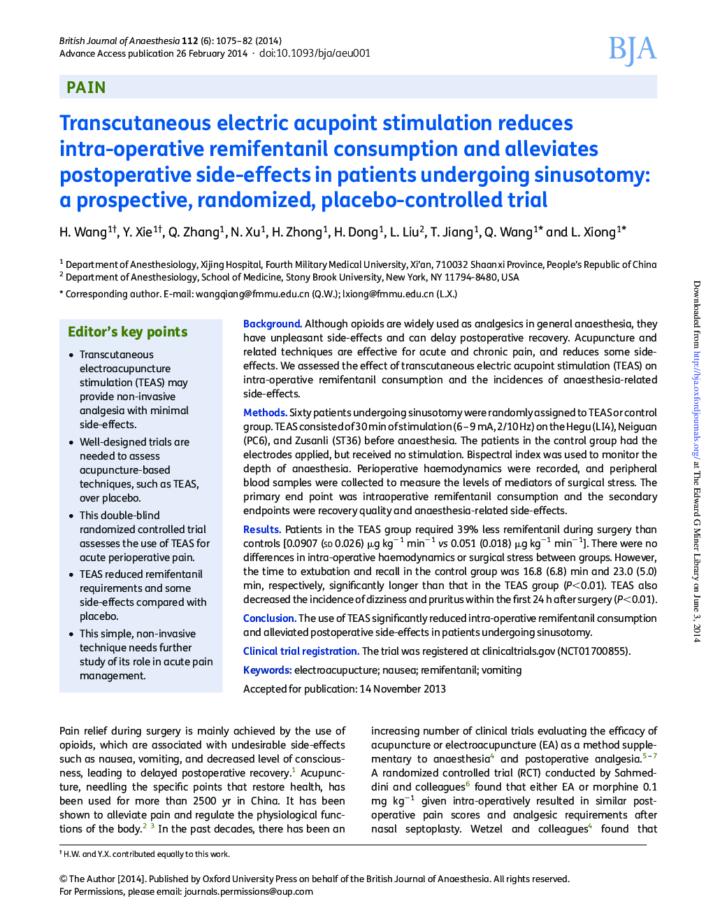 Transcutaneous electric acupoint stimulation reduces intra-operative remifentanil consumption and alleviates postoperative side-effects in patients undergoing sinusotomy: a prospective, randomized, placebo-controlled trial