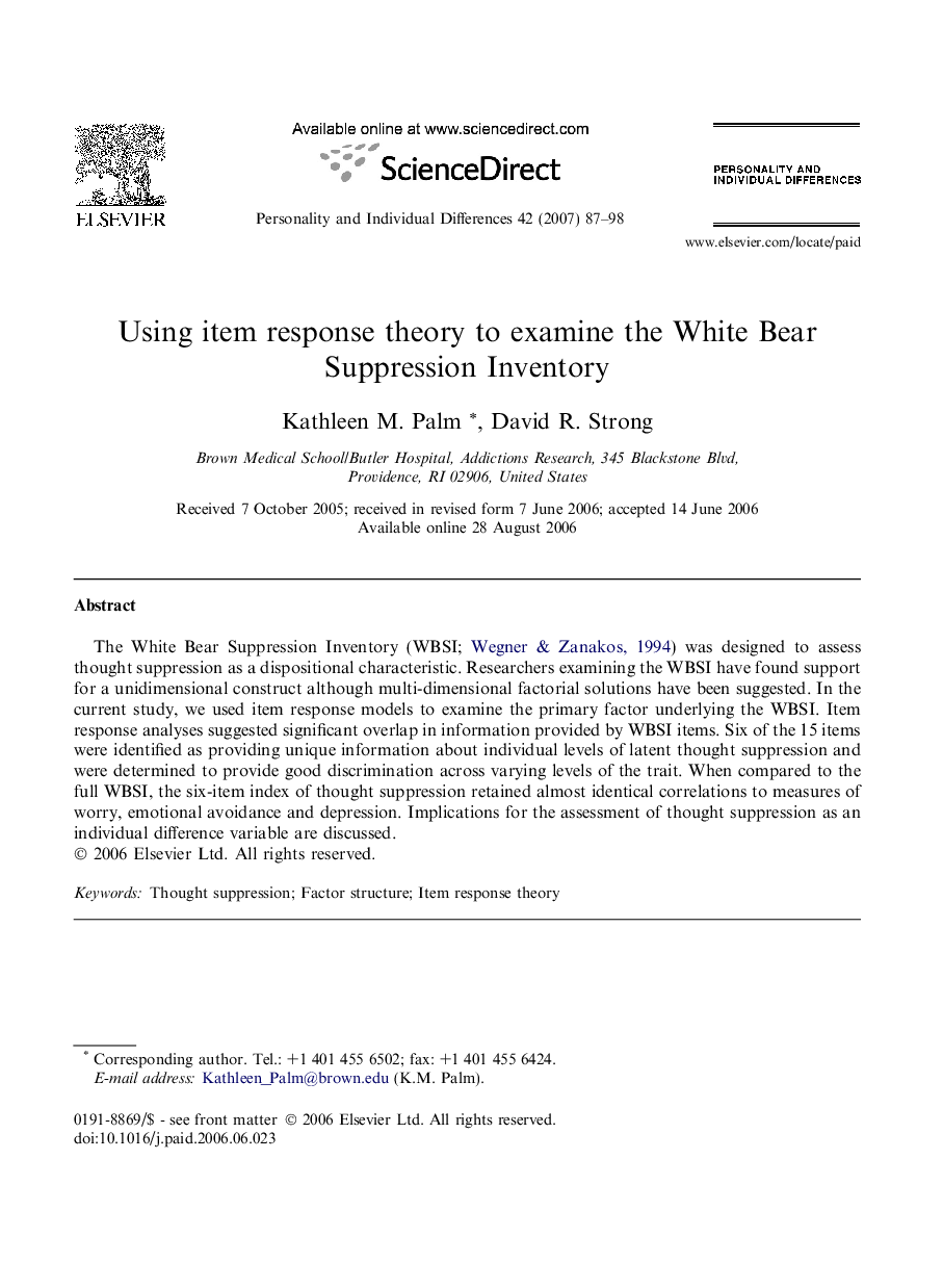 Using item response theory to examine the White Bear Suppression Inventory