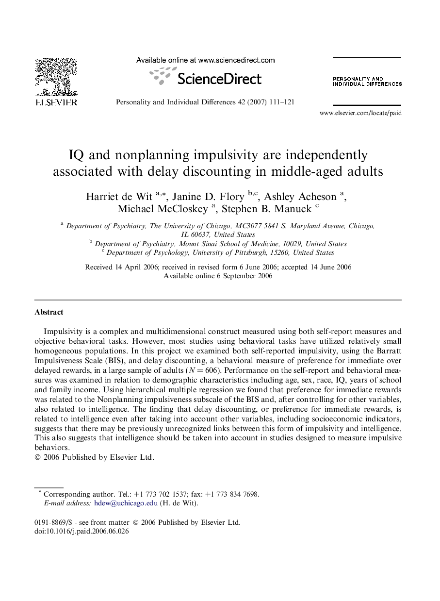 IQ and nonplanning impulsivity are independently associated with delay discounting in middle-aged adults