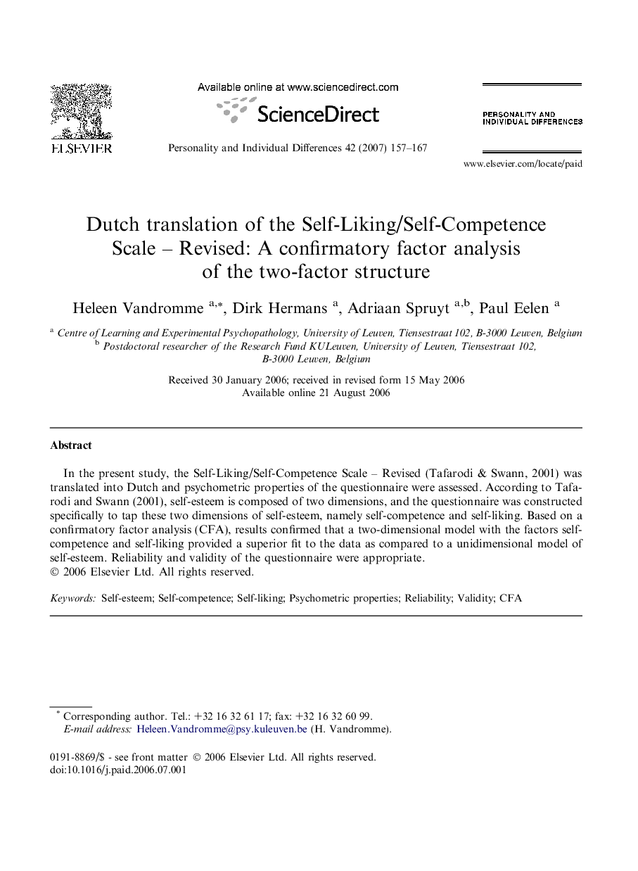 Dutch translation of the Self-Liking/Self-Competence Scale – Revised: A confirmatory factor analysis of the two-factor structure