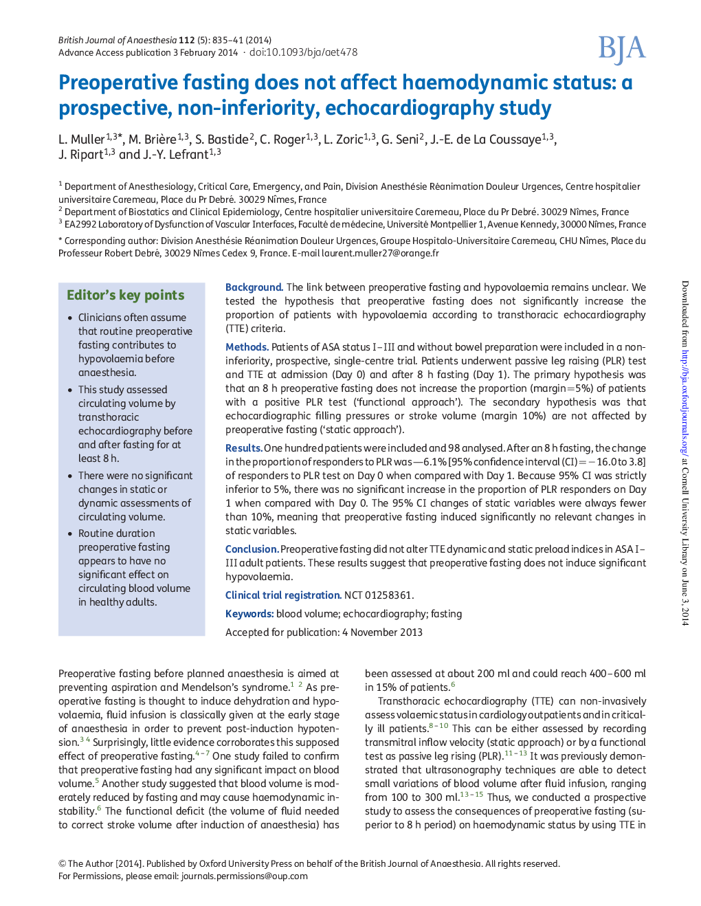 Preoperative fasting does not affect haemodynamic status: a prospective, non-inferiority, echocardiography study