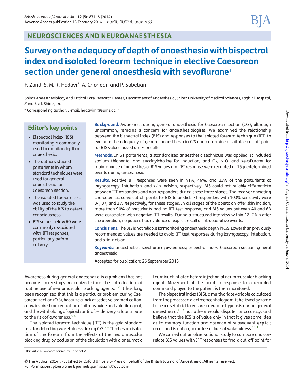 Survey on the adequacy of depth of anaesthesia with bispectral index and isolated forearm technique in elective Caesarean section under general anaesthesia with sevofluraneâ 