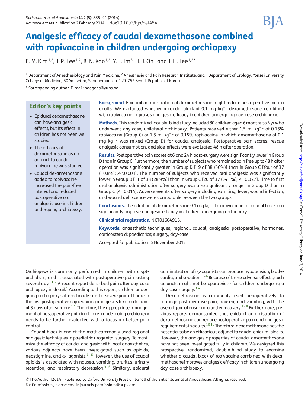 Analgesic efficacy of caudal dexamethasone combined with ropivacaine in children undergoing orchiopexy