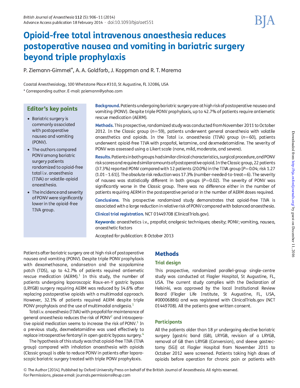 Opioid-free total intravenous anaesthesia reduces postoperative nausea and vomiting in bariatric surgery beyond triple prophylaxis