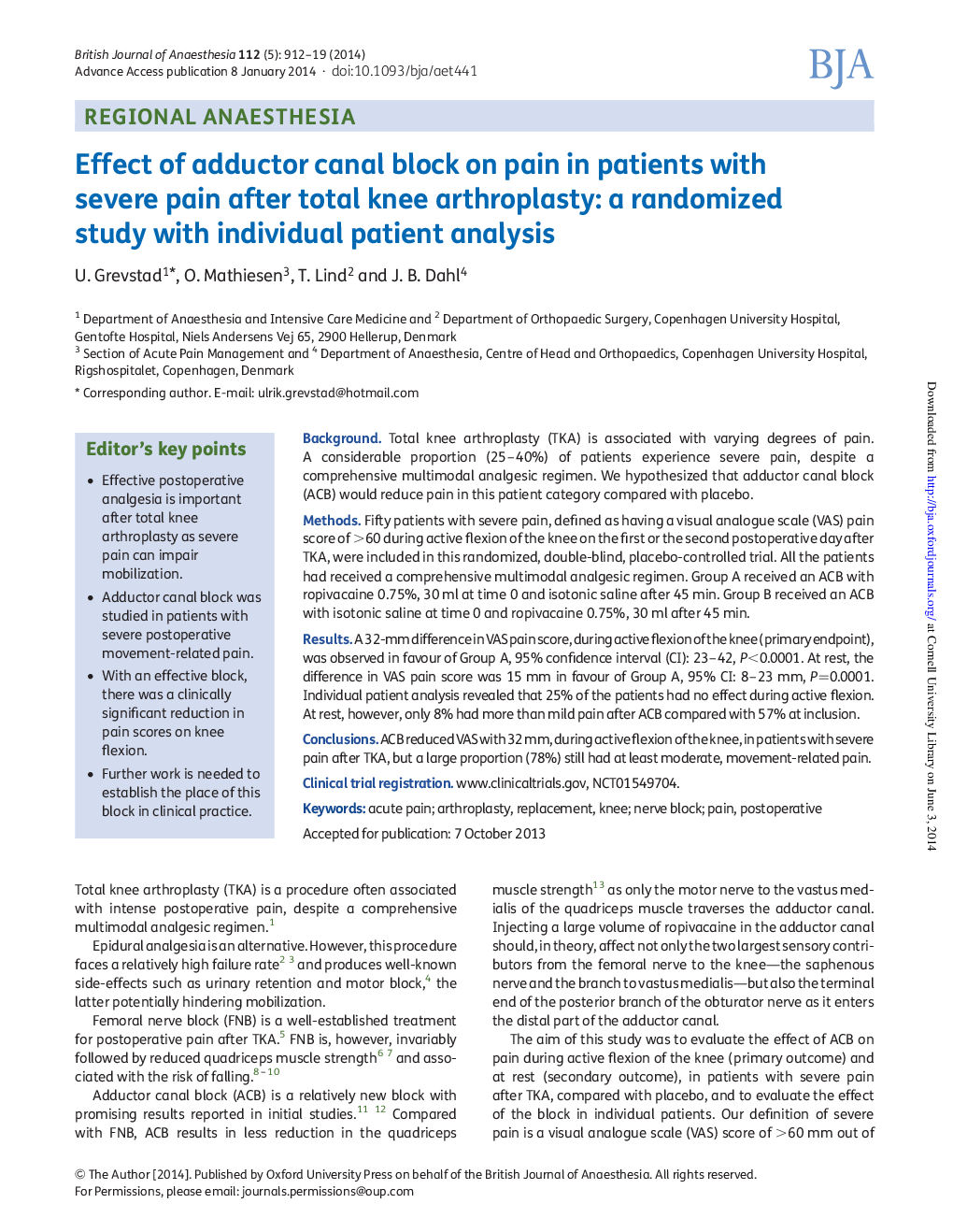 Effect of adductor canal block on pain in patients with severe pain after total knee arthroplasty: a randomized study with individual patient analysis