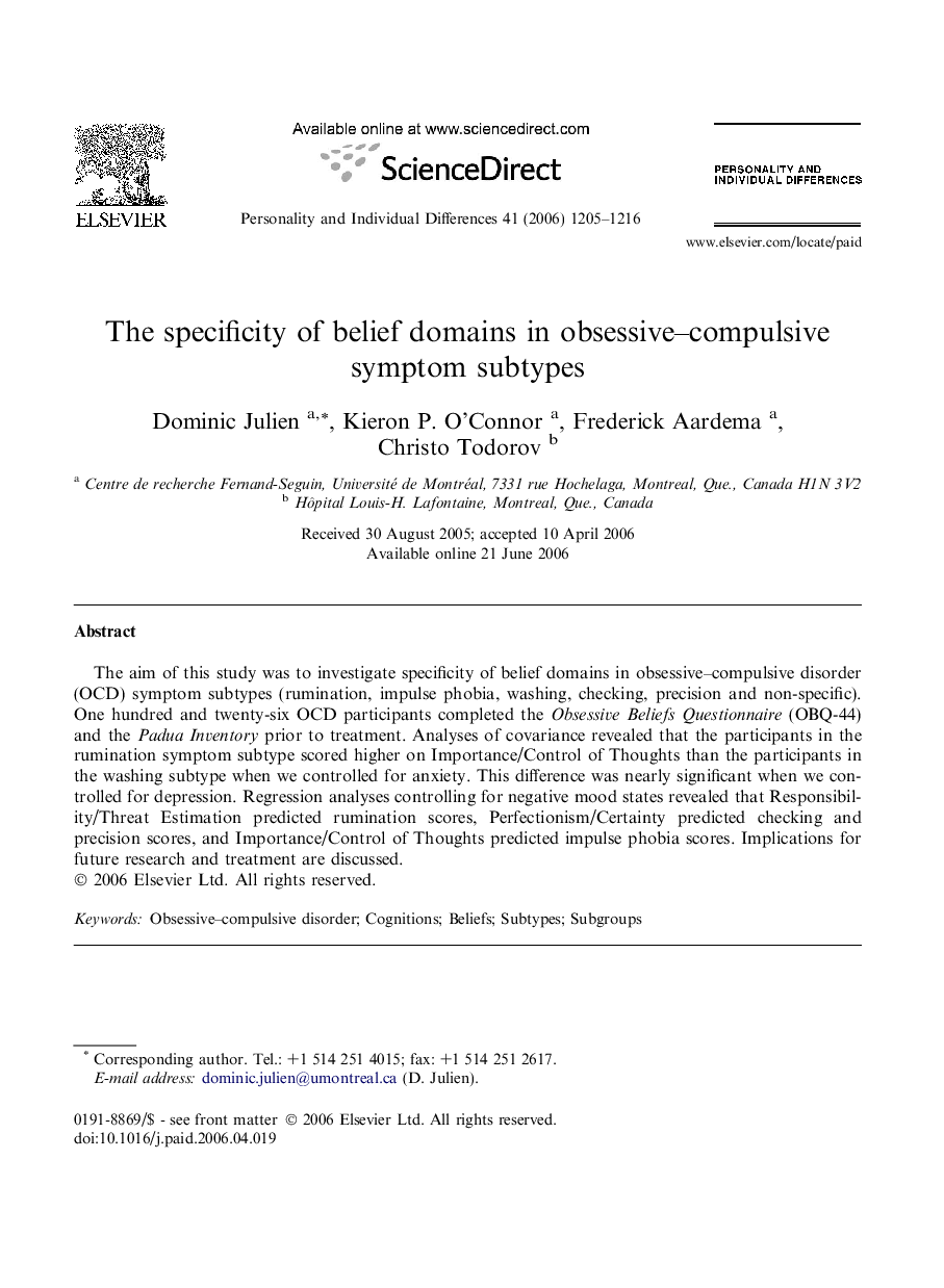 The specificity of belief domains in obsessive–compulsive symptom subtypes