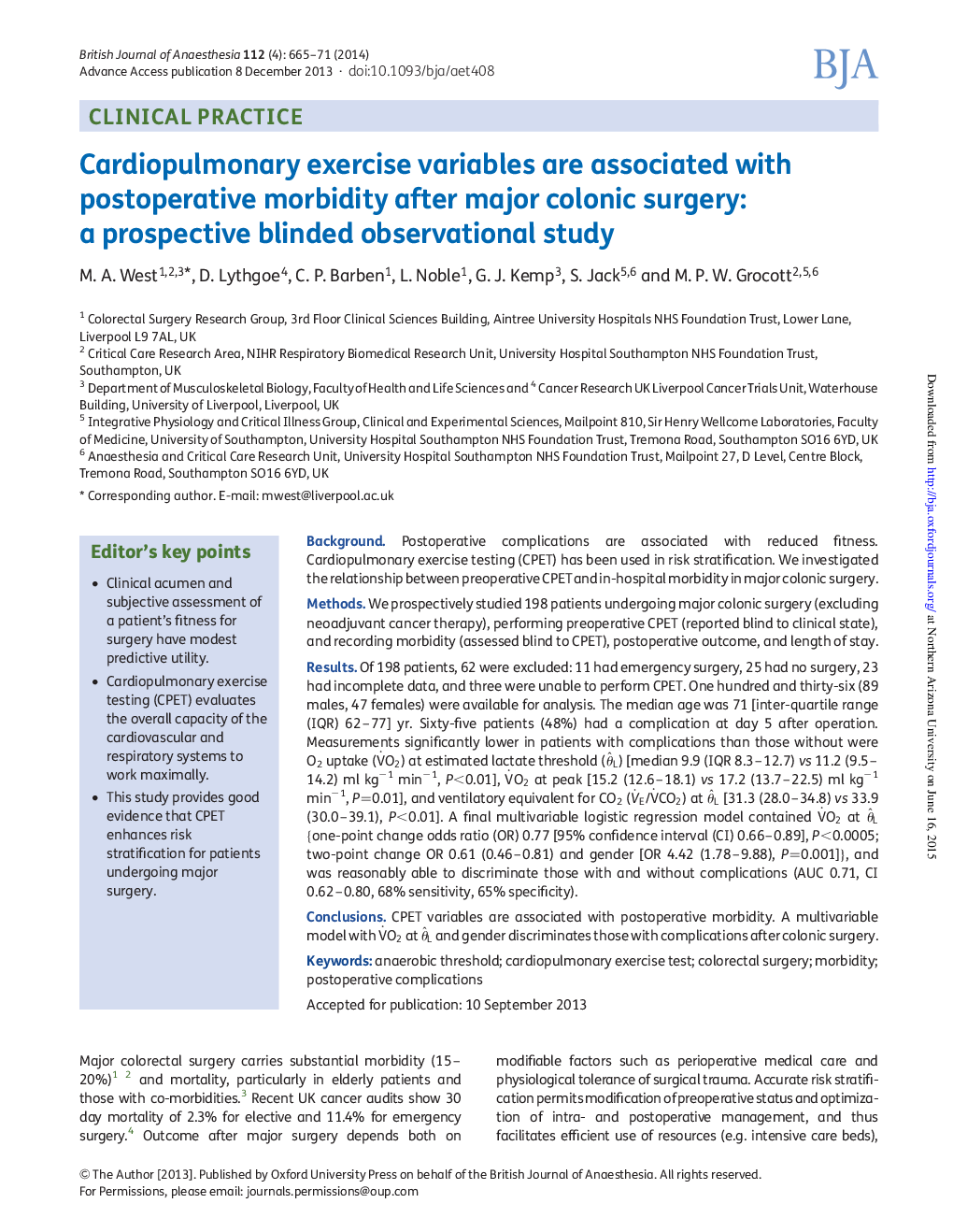 Cardiopulmonary exercise variables are associated with postoperative morbidity after major colonic surgery: a prospective blinded observational study