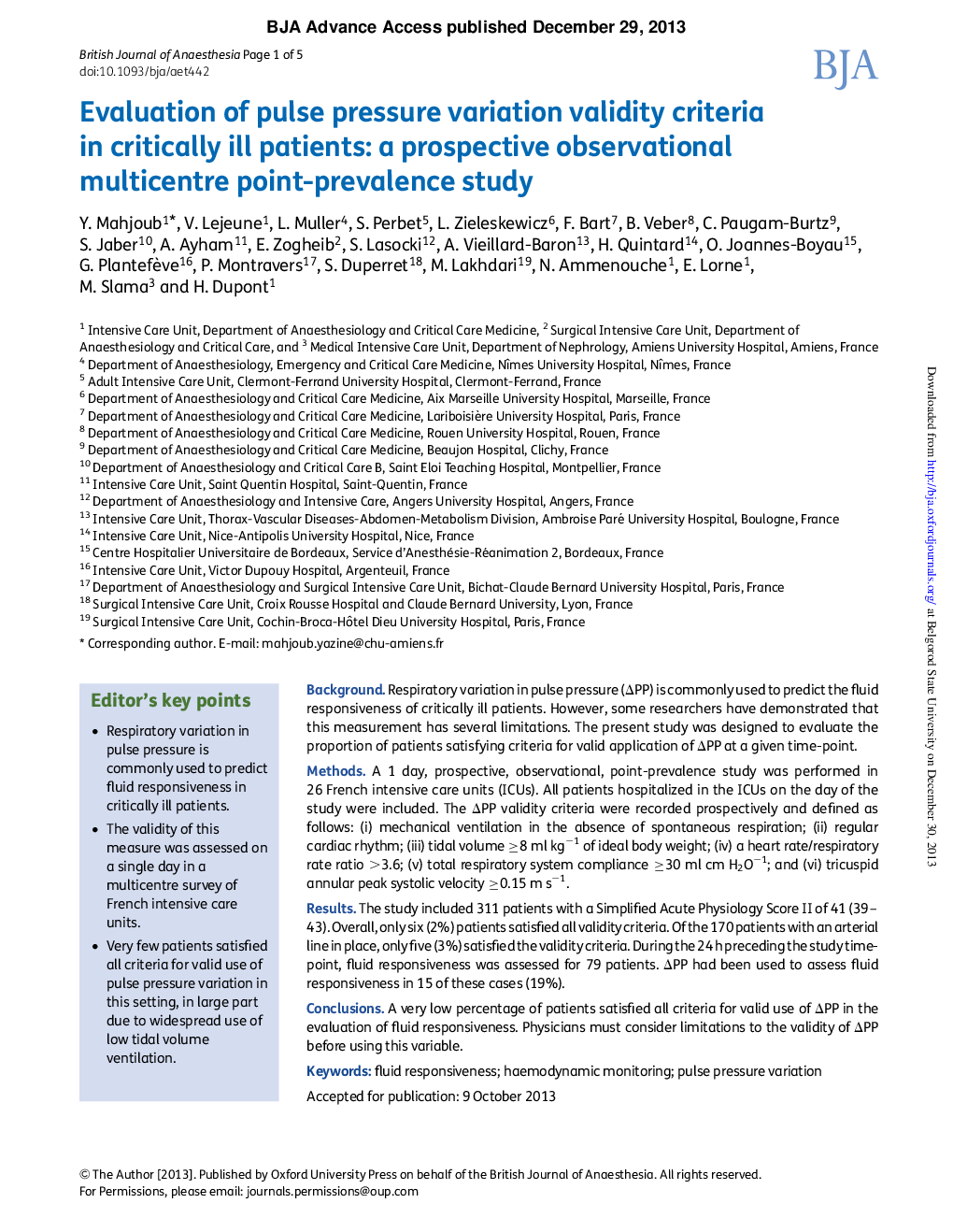 Evaluation of pulse pressure variation validity criteria in critically ill patients: a prospective observational multicentre point-prevalence studyâ 