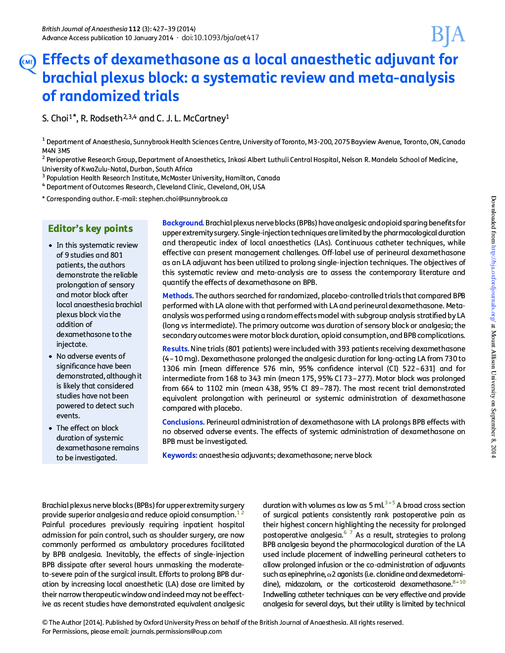 Effects of dexamethasone as a local anaesthetic adjuvant for brachial plexus block: a systematic review and meta-analysis of randomized trials