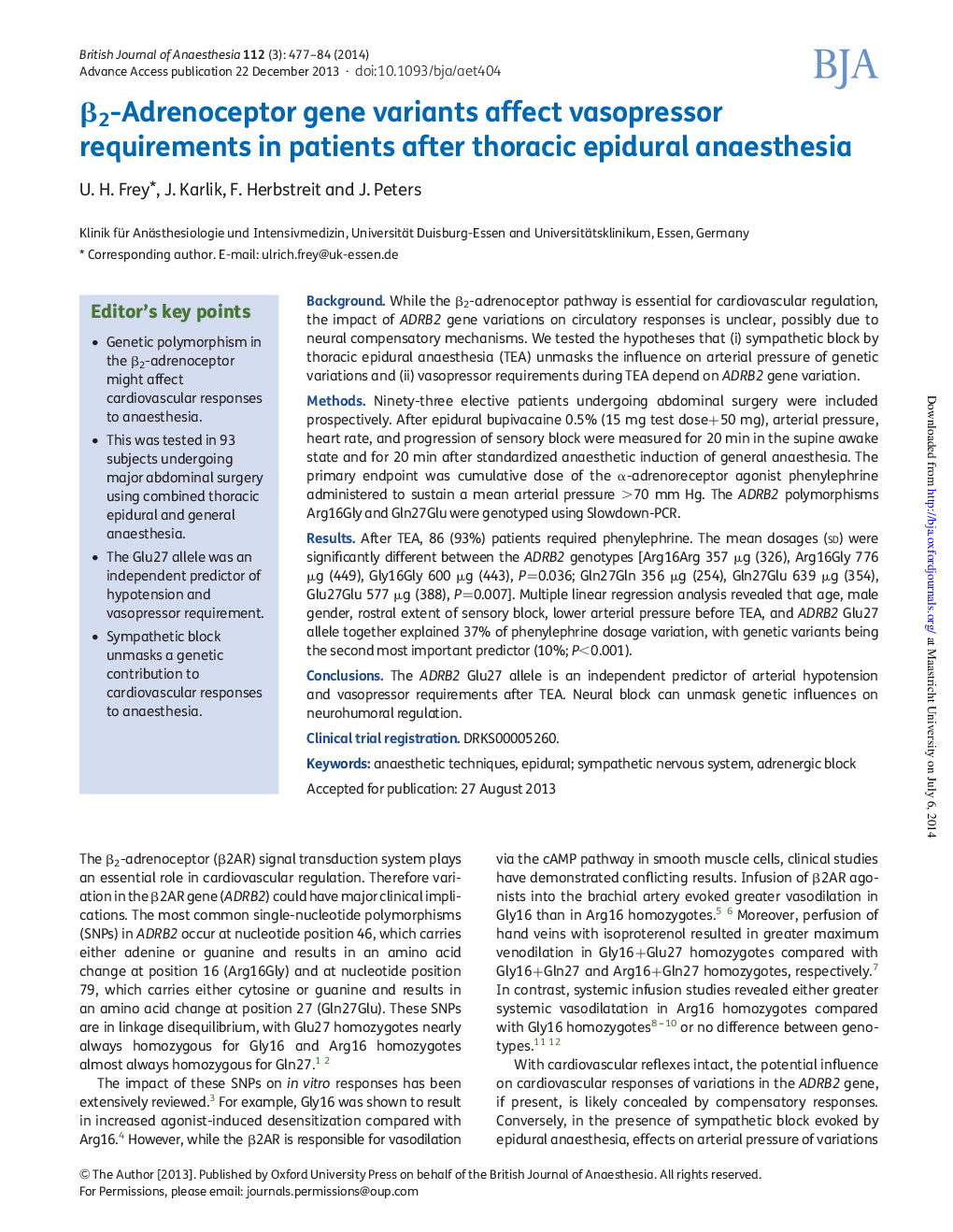 Î²2-Adrenoceptor gene variants affect vasopressor requirements in patients after thoracic epidural anaesthesia