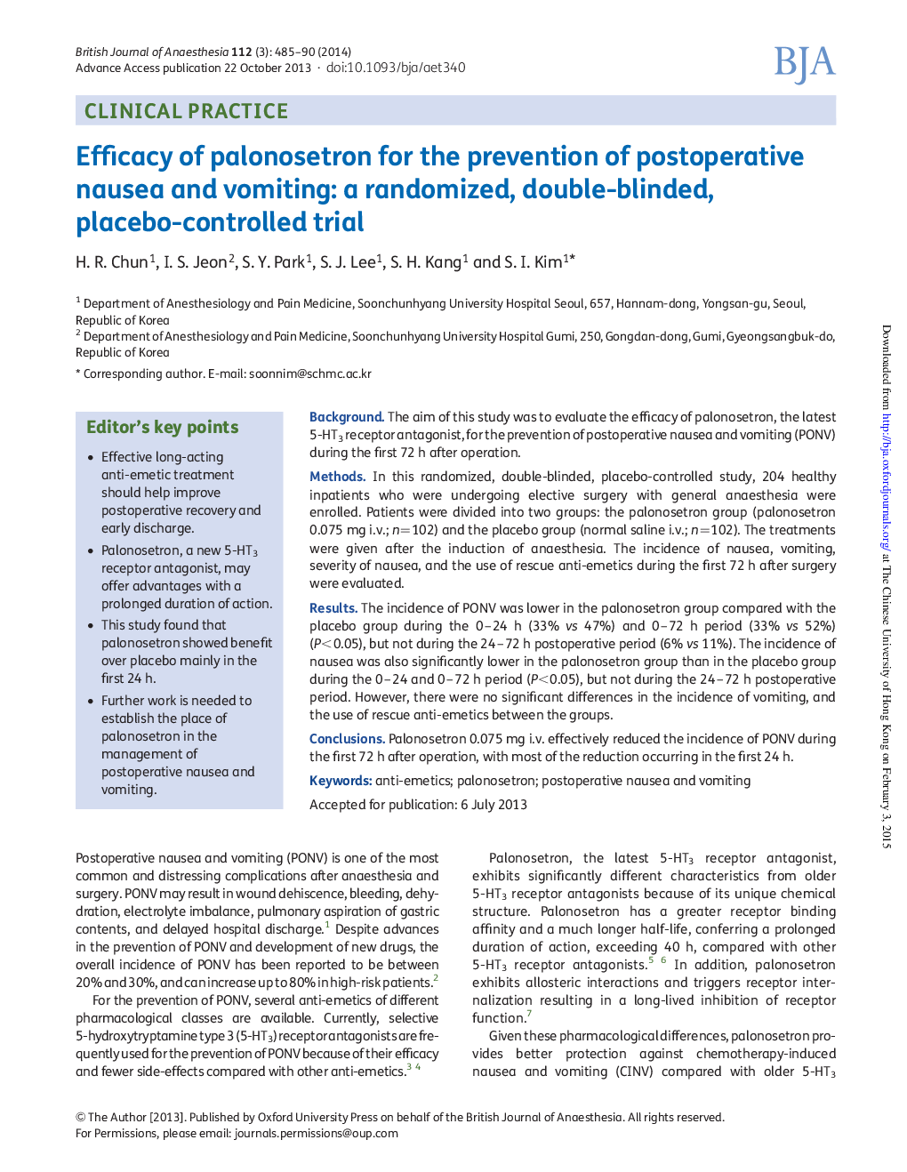 Efficacy of palonosetron for the prevention of postoperative nausea and vomiting: a randomized, double-blinded, placebo-controlled trial