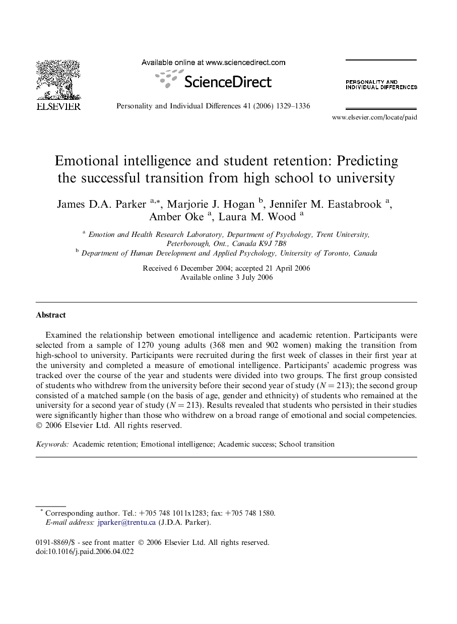 Emotional intelligence and student retention: Predicting the successful transition from high school to university