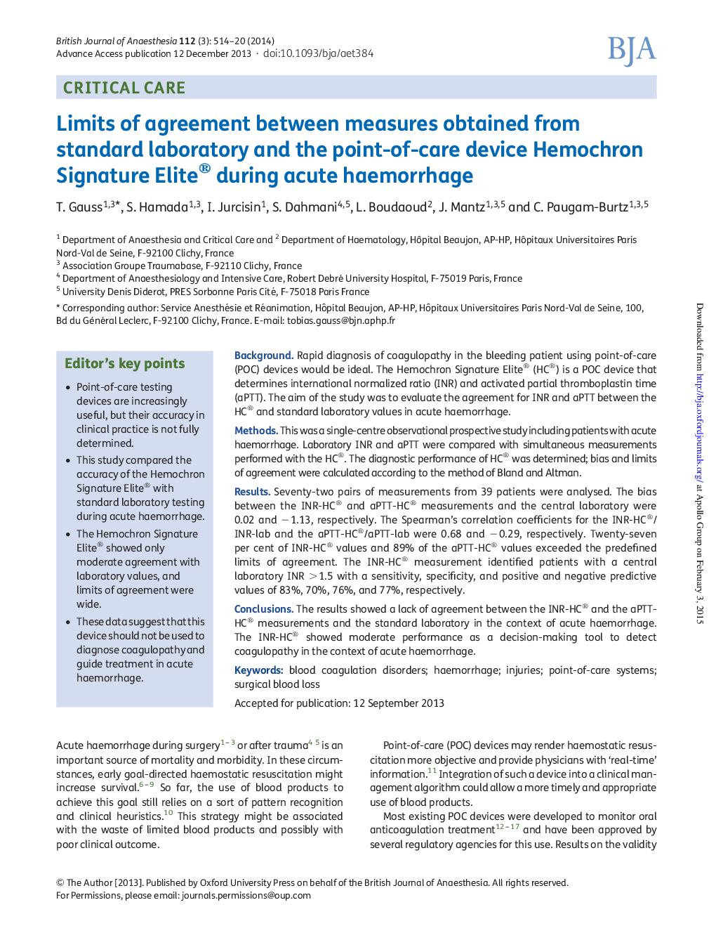 Limits of agreement between measures obtained from standard laboratory and the point-of-care device Hemochron Signature Elite® during acute haemorrhage