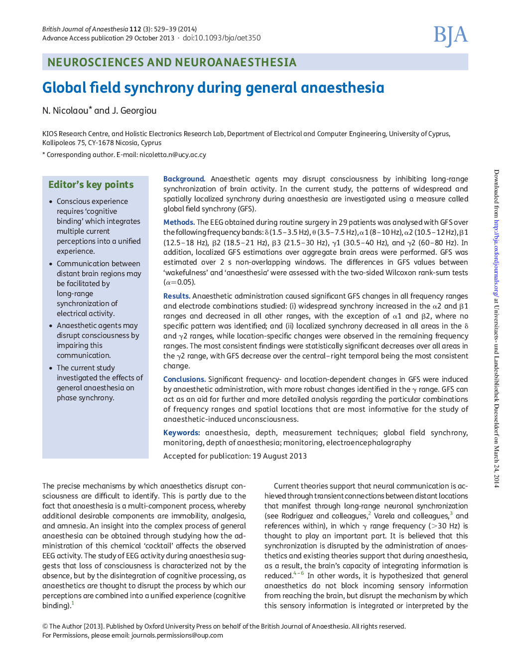 Global field synchrony during general anaesthesia