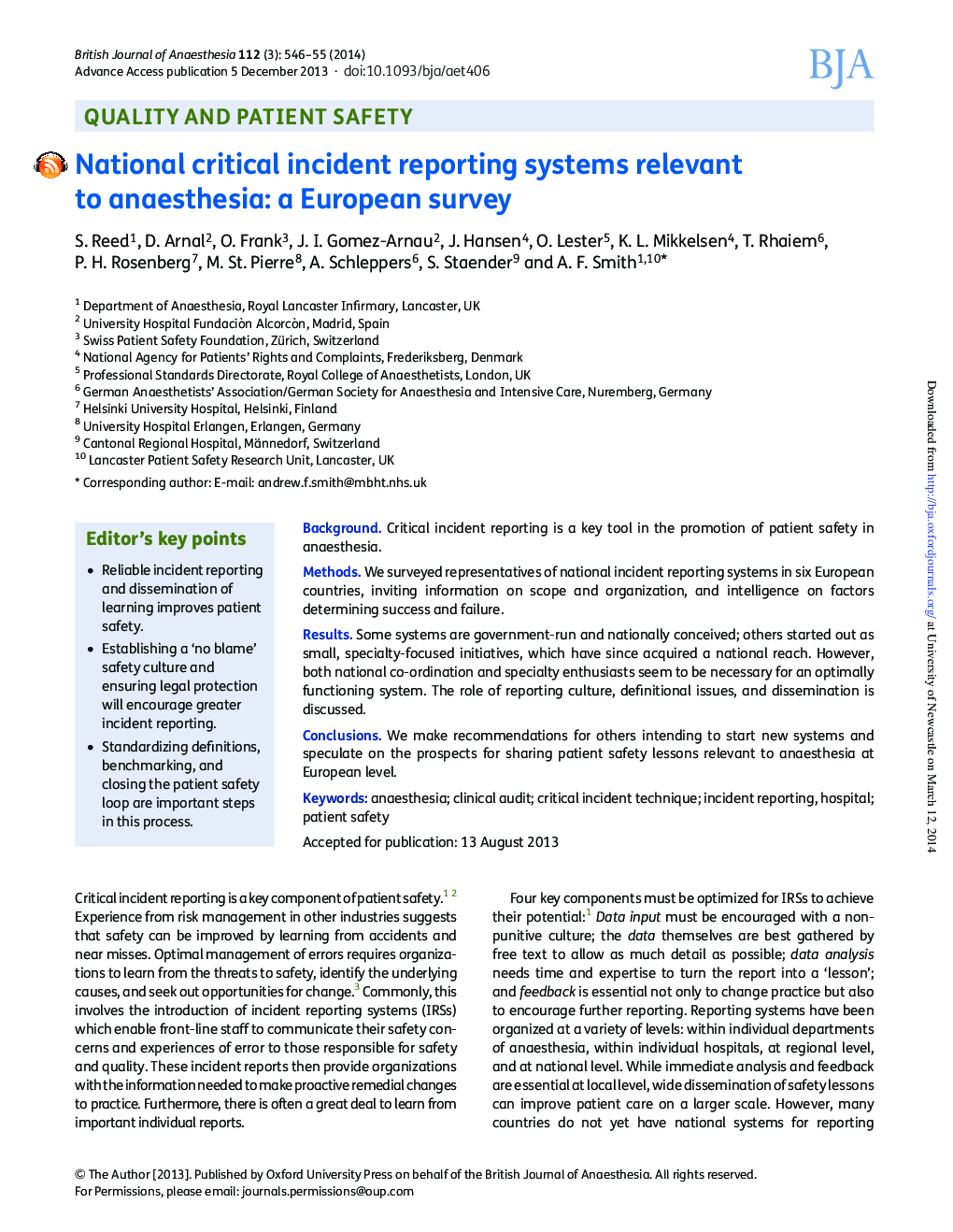 National critical incident reporting systems relevant to anaesthesia: a European survey