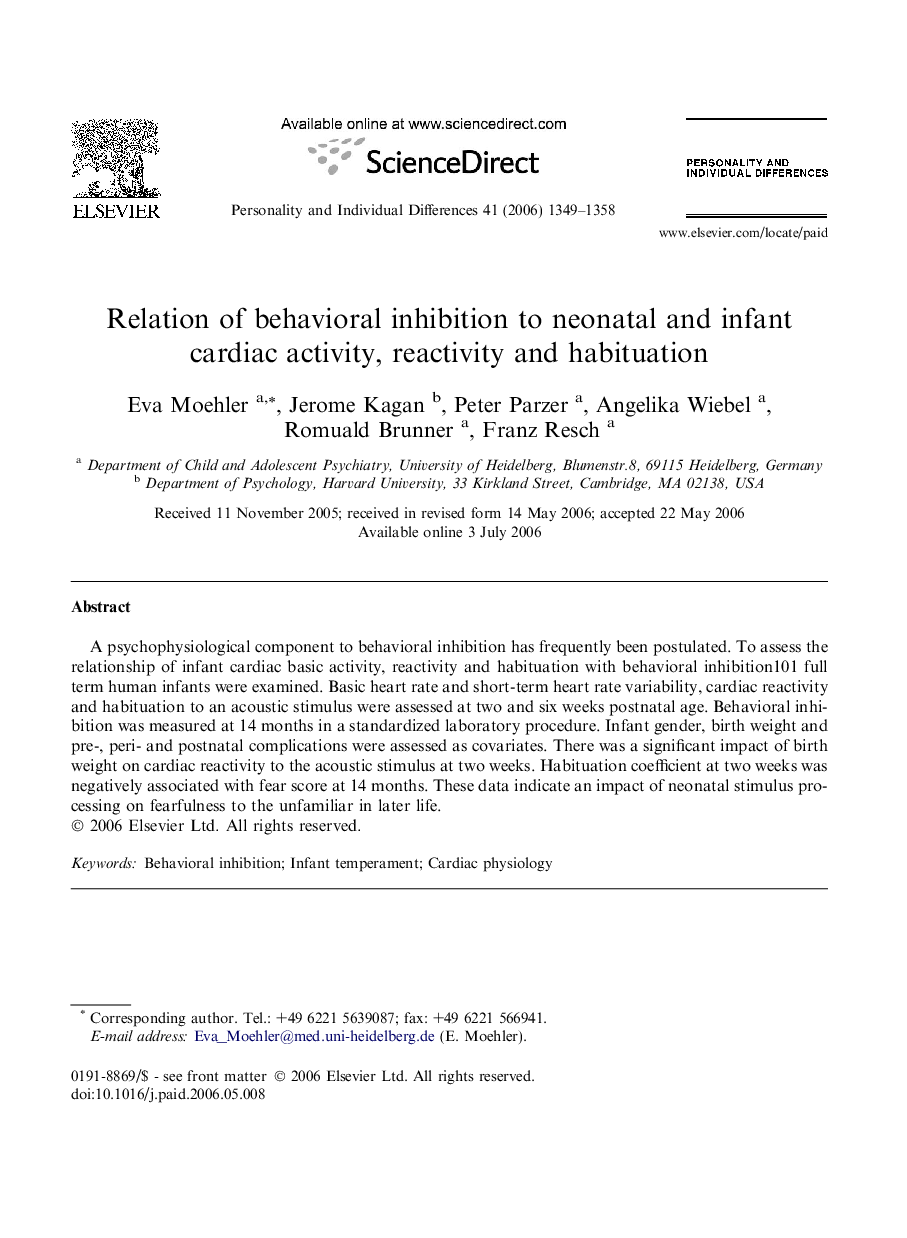 Relation of behavioral inhibition to neonatal and infant cardiac activity, reactivity and habituation