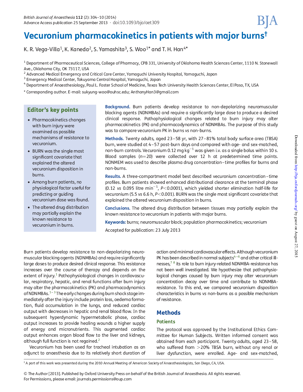 Vecuronium pharmacokinetics in patients with major burnsâ 