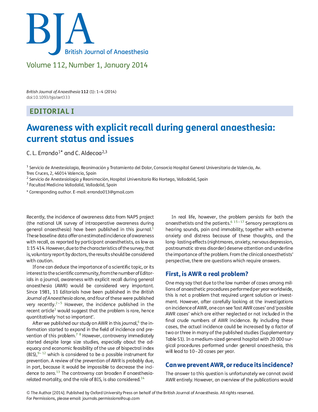 I. Awareness with explicit recall during general anaesthesia: current status and issues