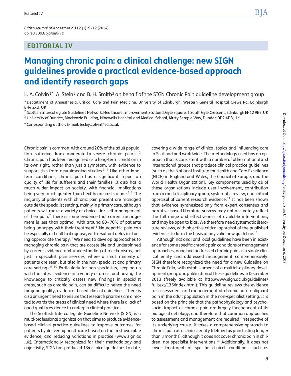 IV. Managing chronic pain: a clinical challenge: new SIGN guidelines provide a practical evidence-based approach and identify research gaps