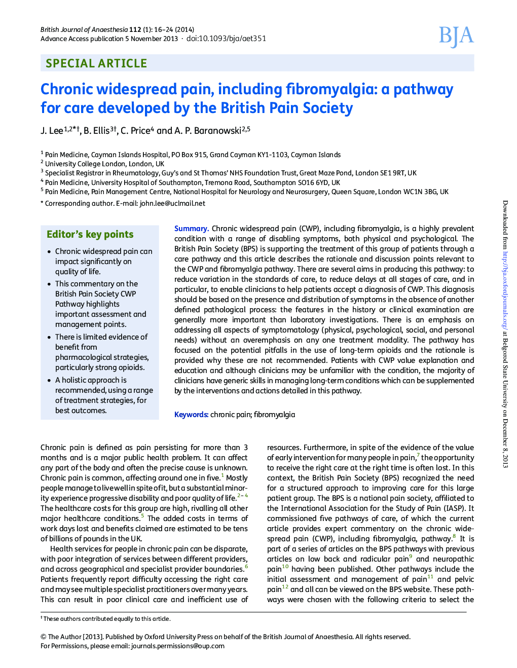 Chronic widespread pain, including fibromyalgia: a pathway for care developed by the British Pain Society