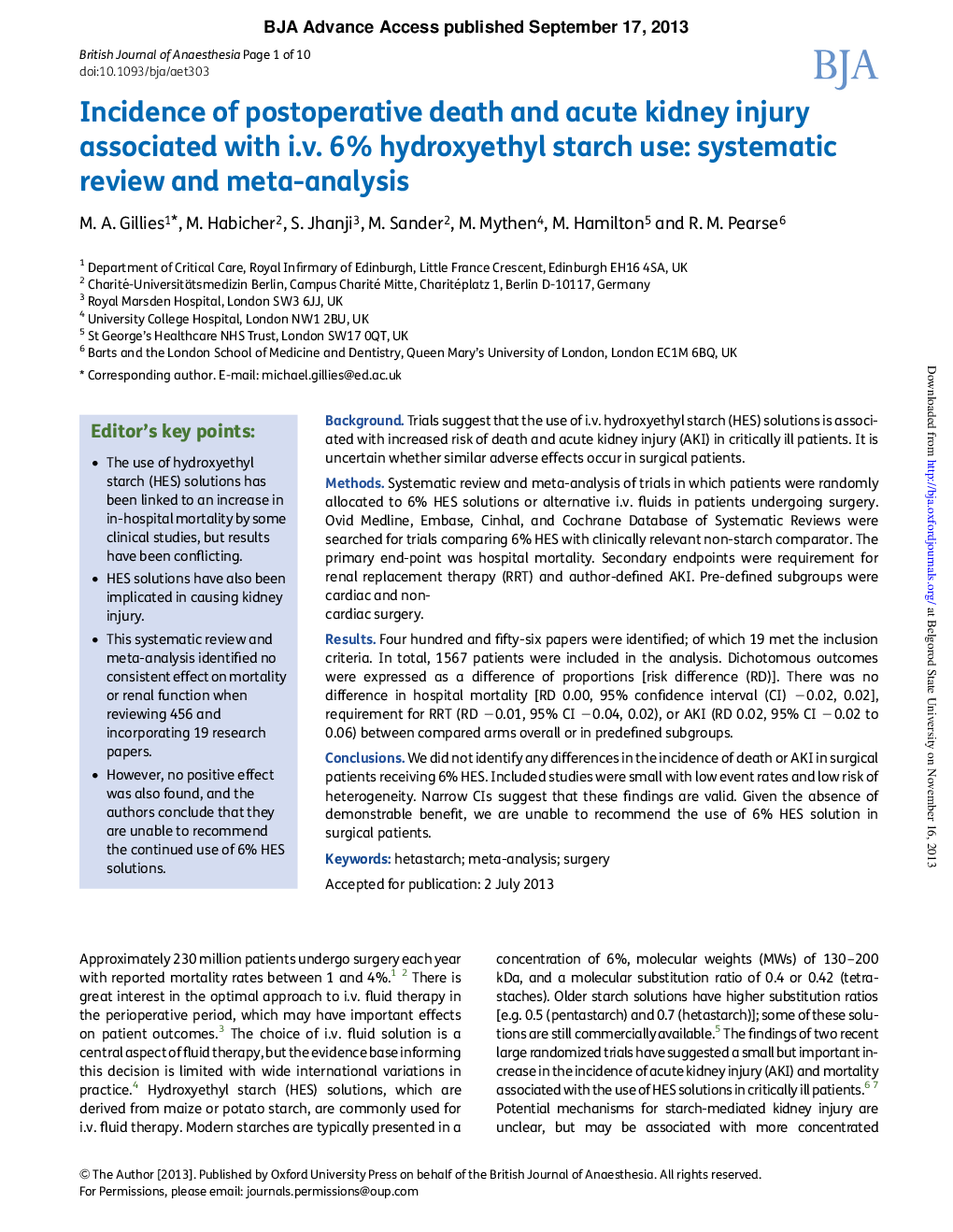 Incidence of postoperative death and acute kidney injury associated with i.v. 6% hydroxyethyl starch use: systematic review and meta-analysis