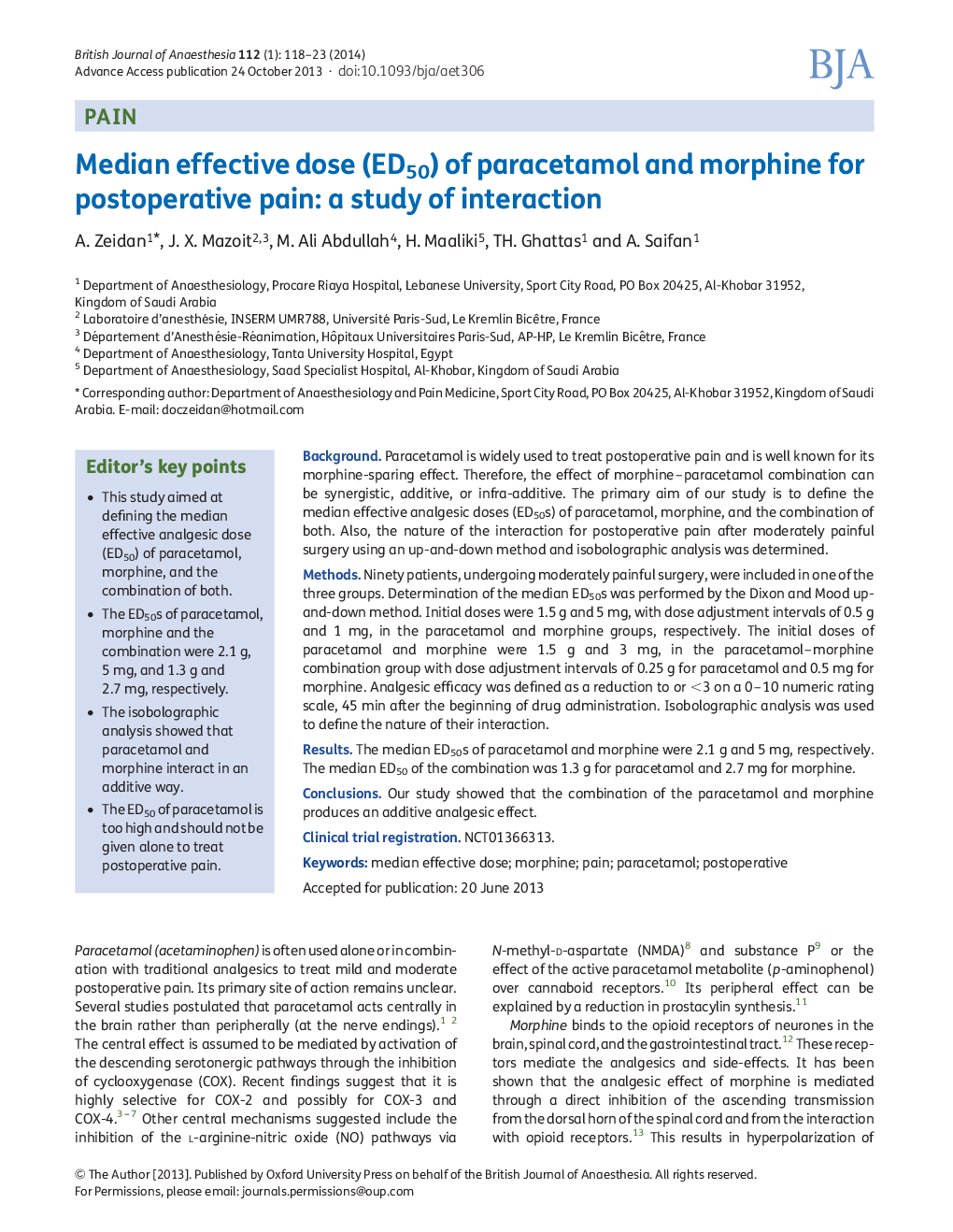 Median effective dose (ED50) of paracetamol and morphine for postoperative pain: a study of interaction