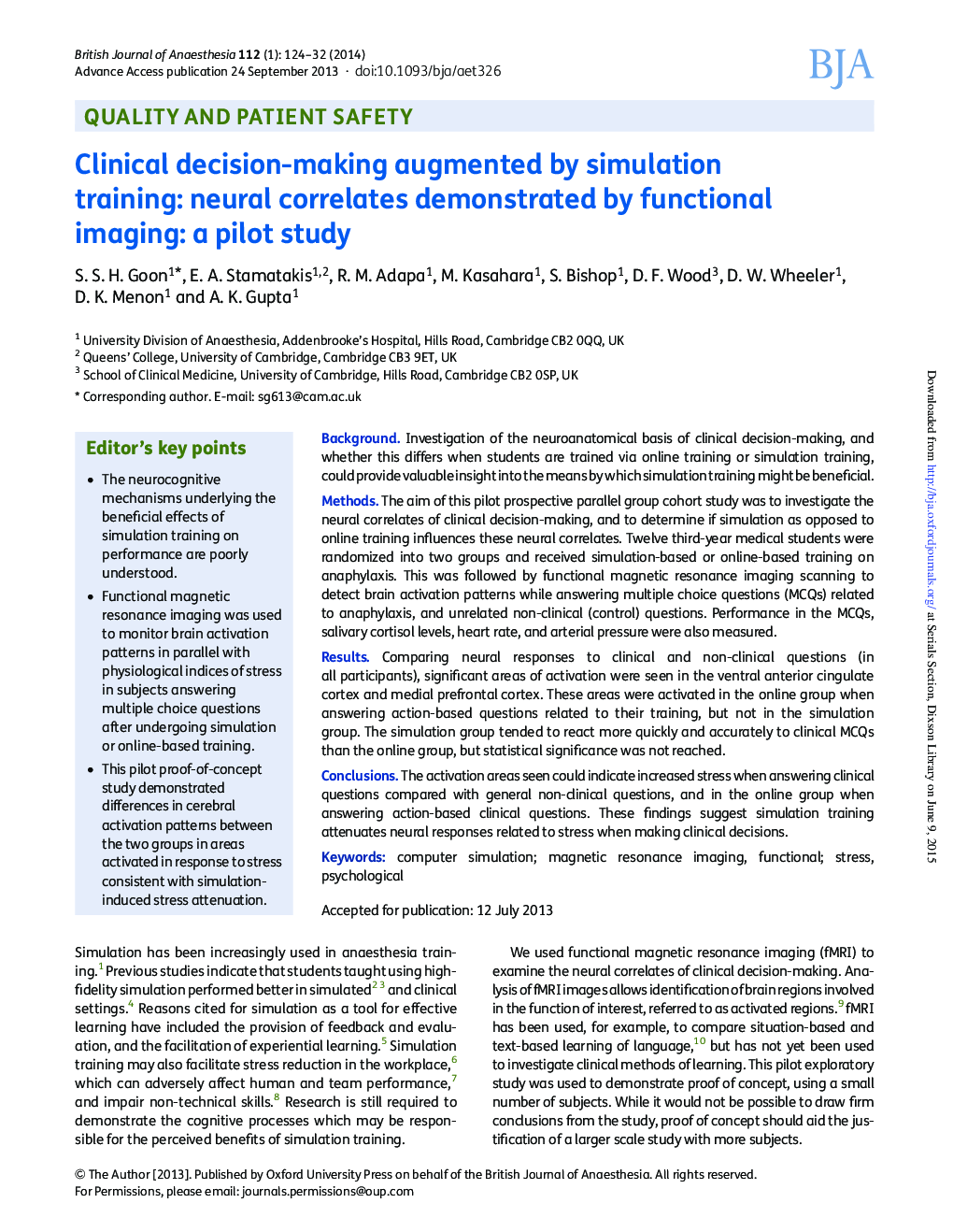 Clinical decision-making augmented by simulation training: neural correlates demonstrated by functional imaging: a pilot study